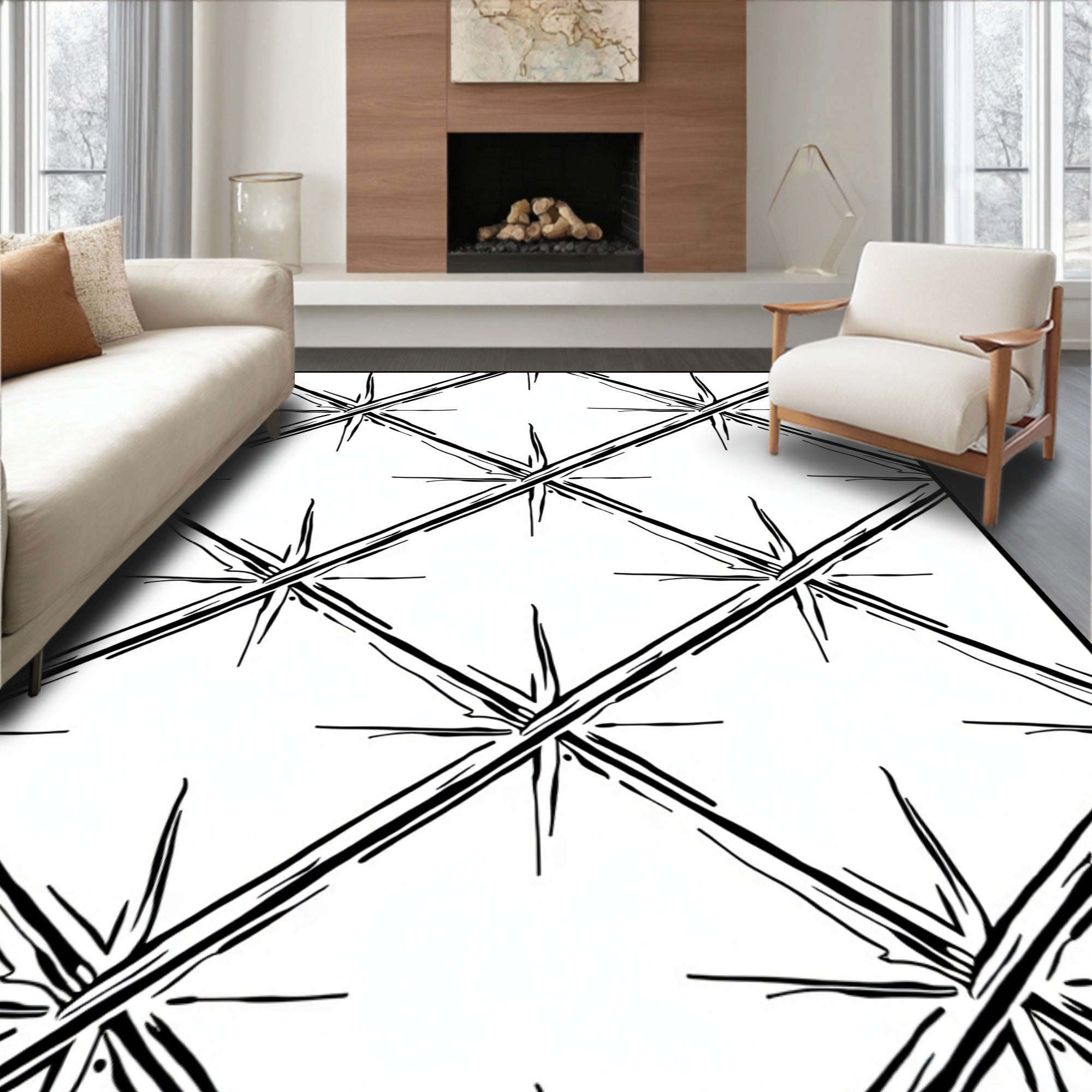 Black White Starburst Diamond Grid Rug