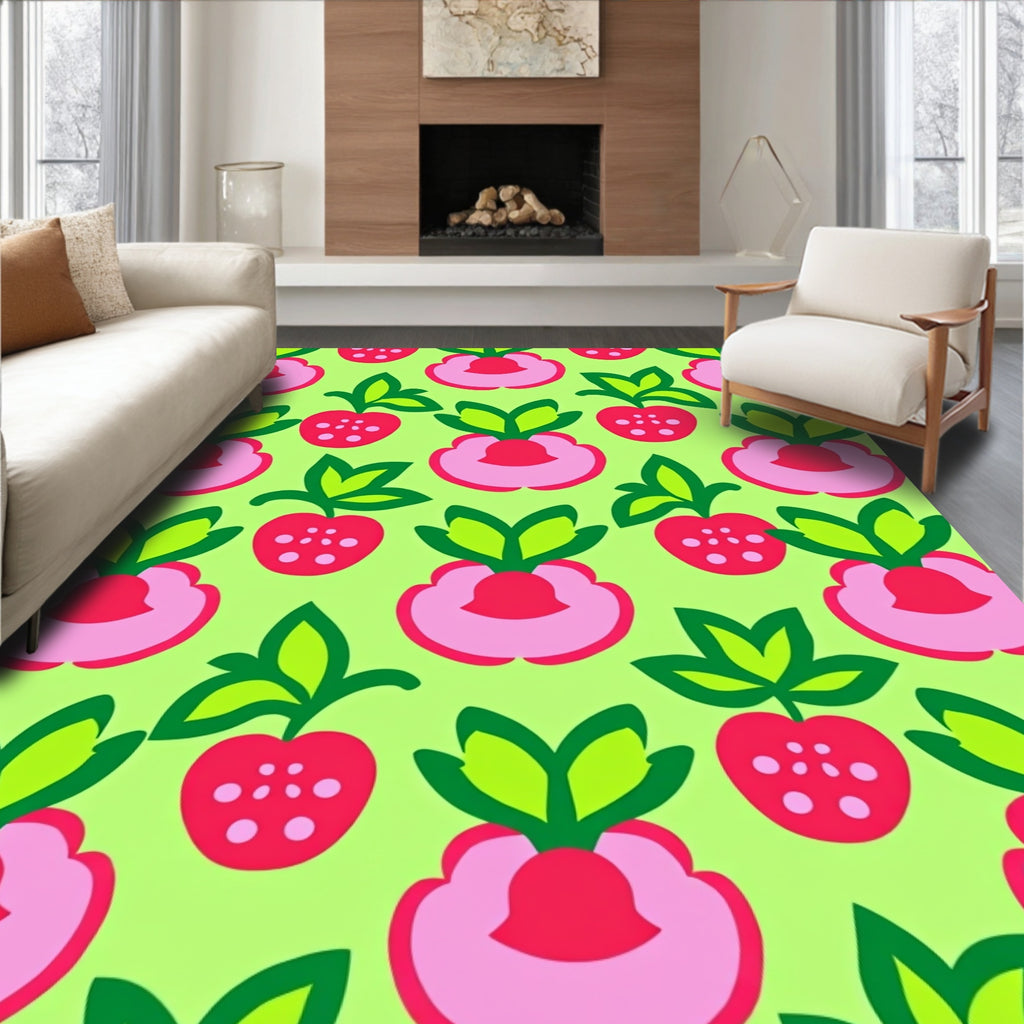 Pink Red Strawberry Garden Illustration Rug