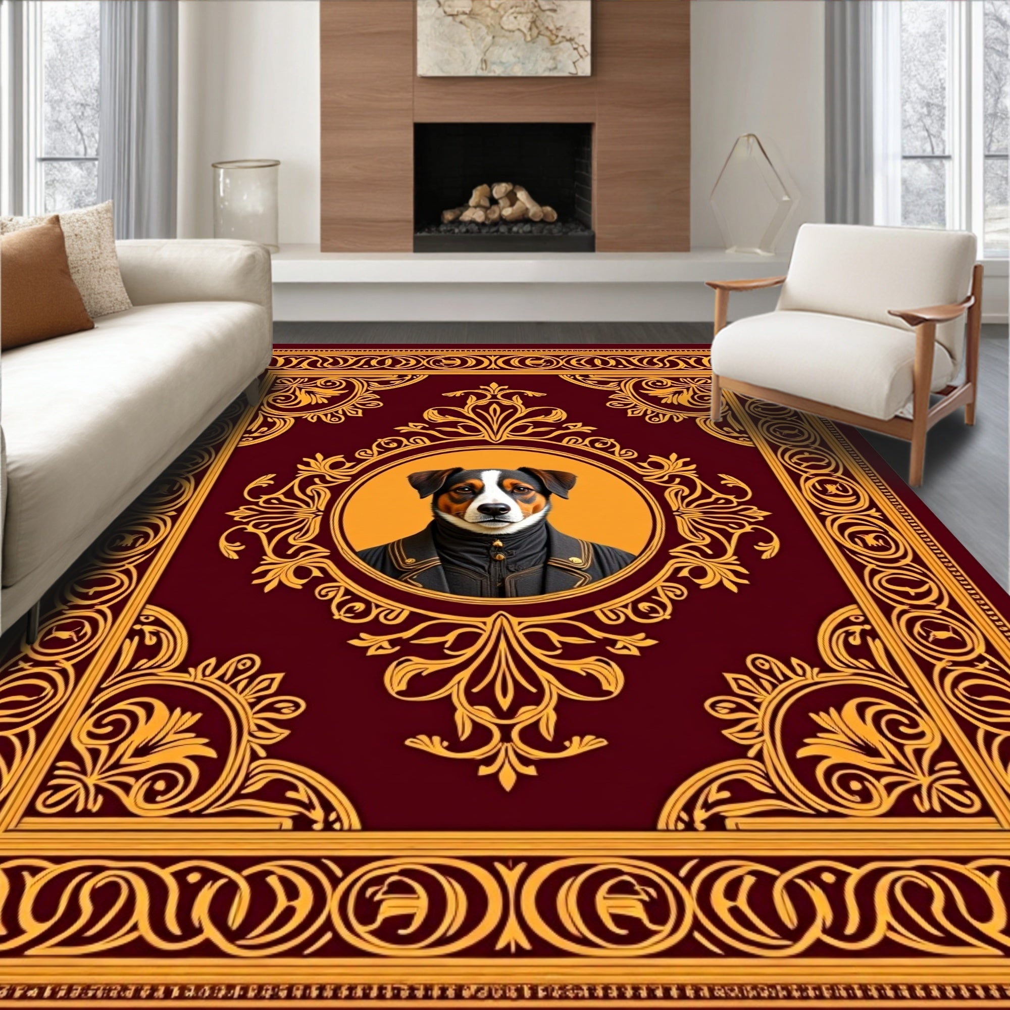 Regal Dog Portrait Burgundy Ornate Rug