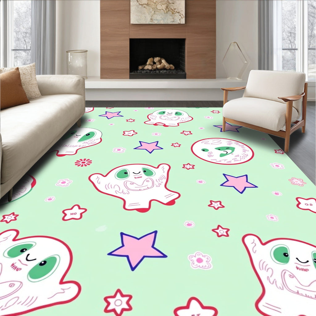 Playful Ghost Stars Floral Mint Rug