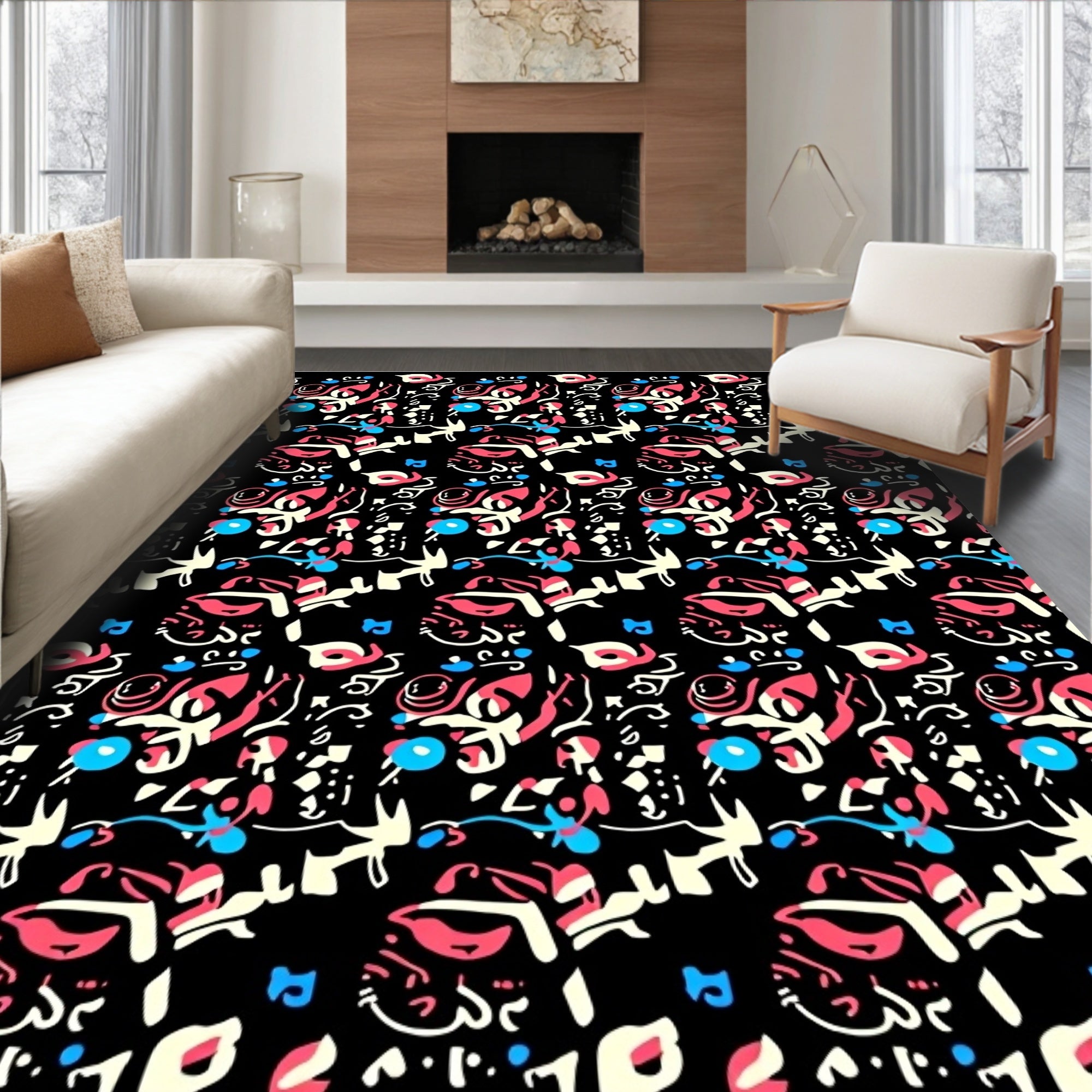 Abstract Graffiti Shapes Black Rug