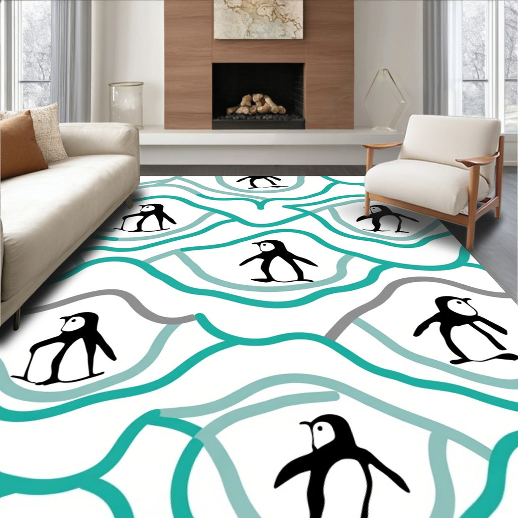 Wavy Teal Penguin Scene Rug