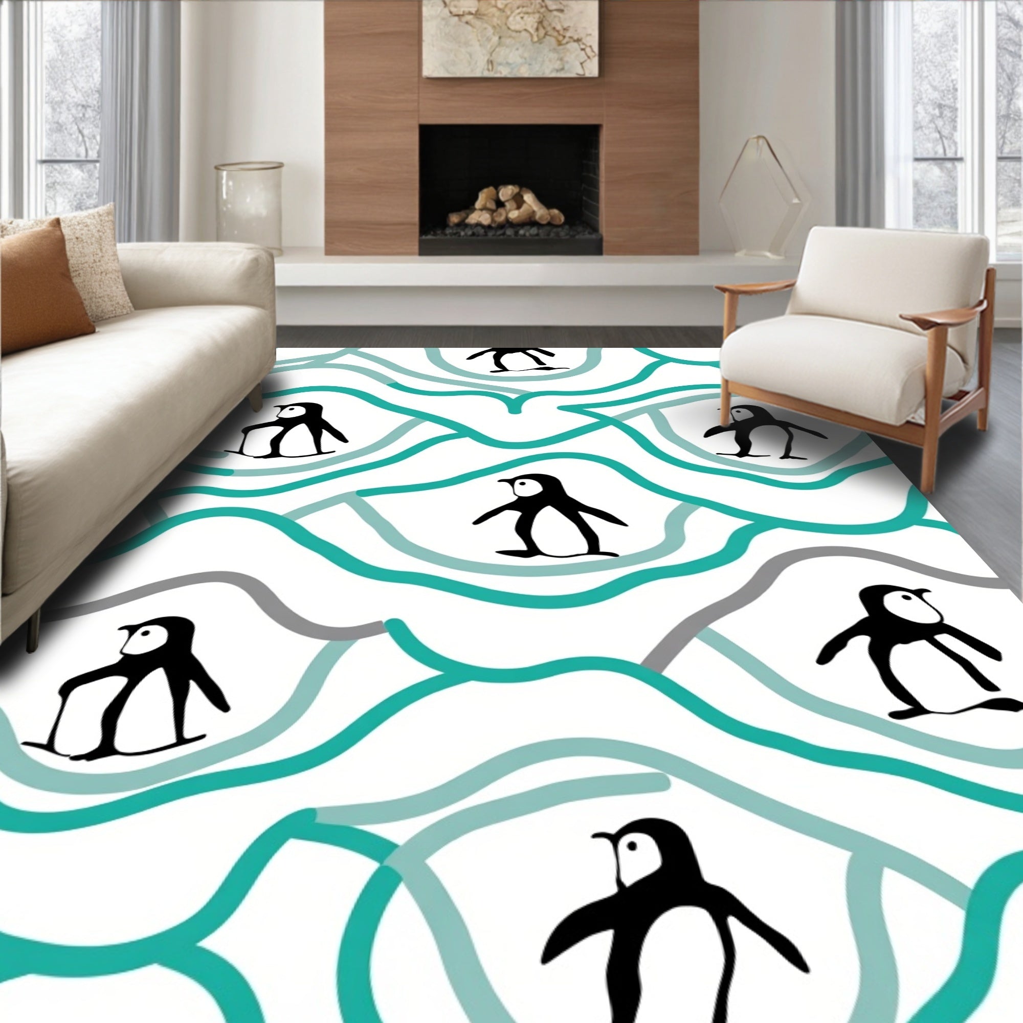 Wavy Teal Penguin Scene Rug