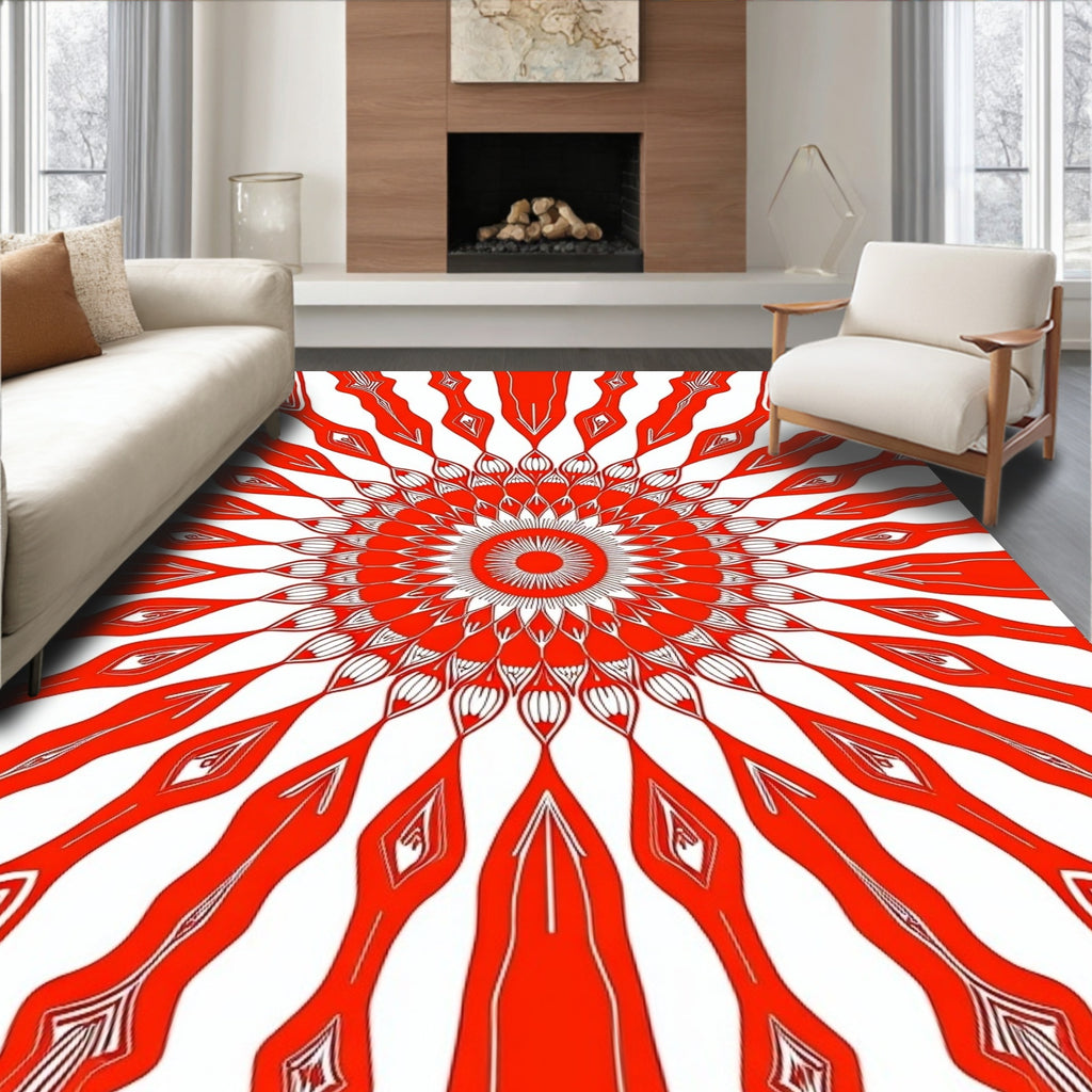 Vibrant Red Sunburst Kaleidoscope Rug
