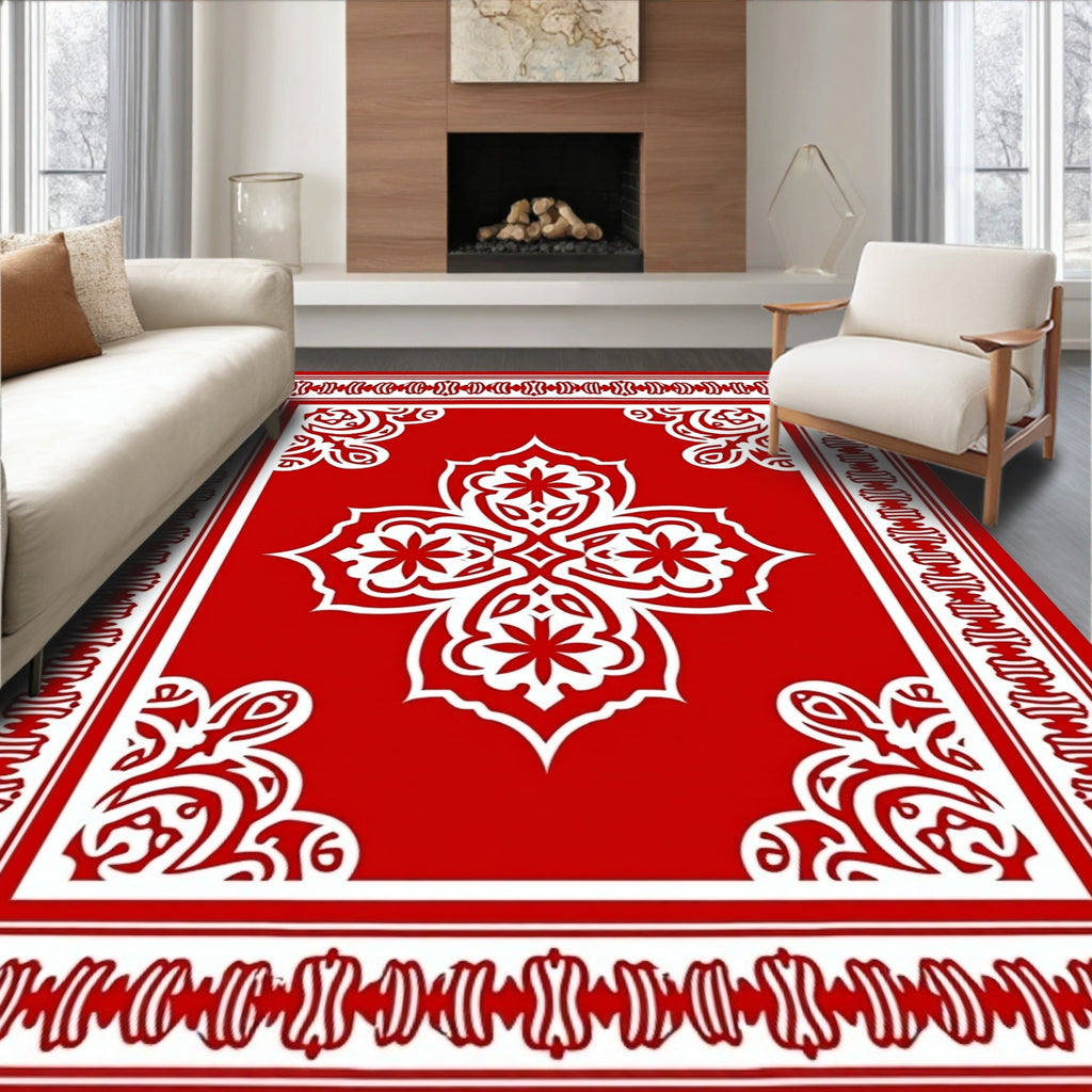 Crimson Red Floral Medallion Border Rug