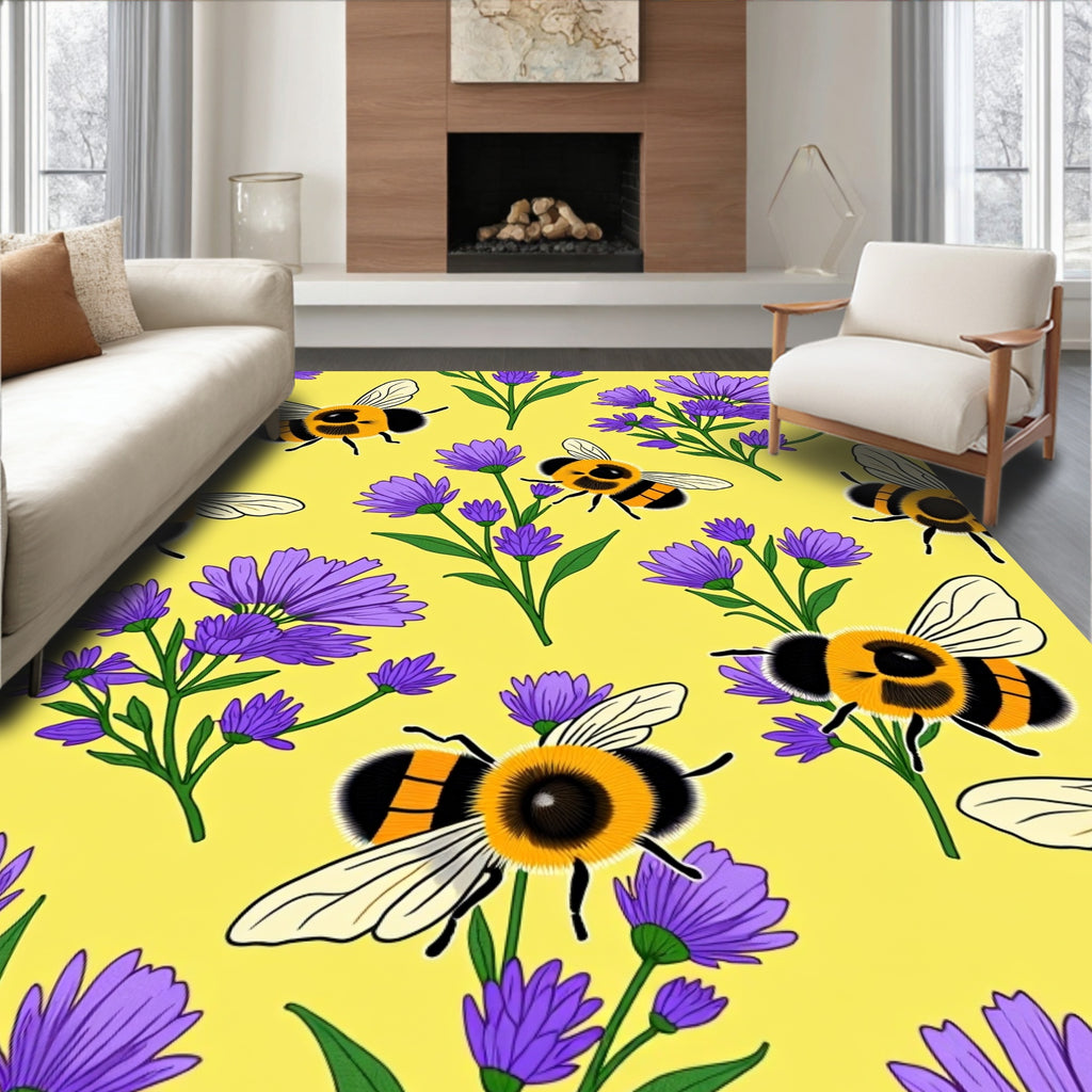 Yellow Bee and Purple Flower Meadow Rug