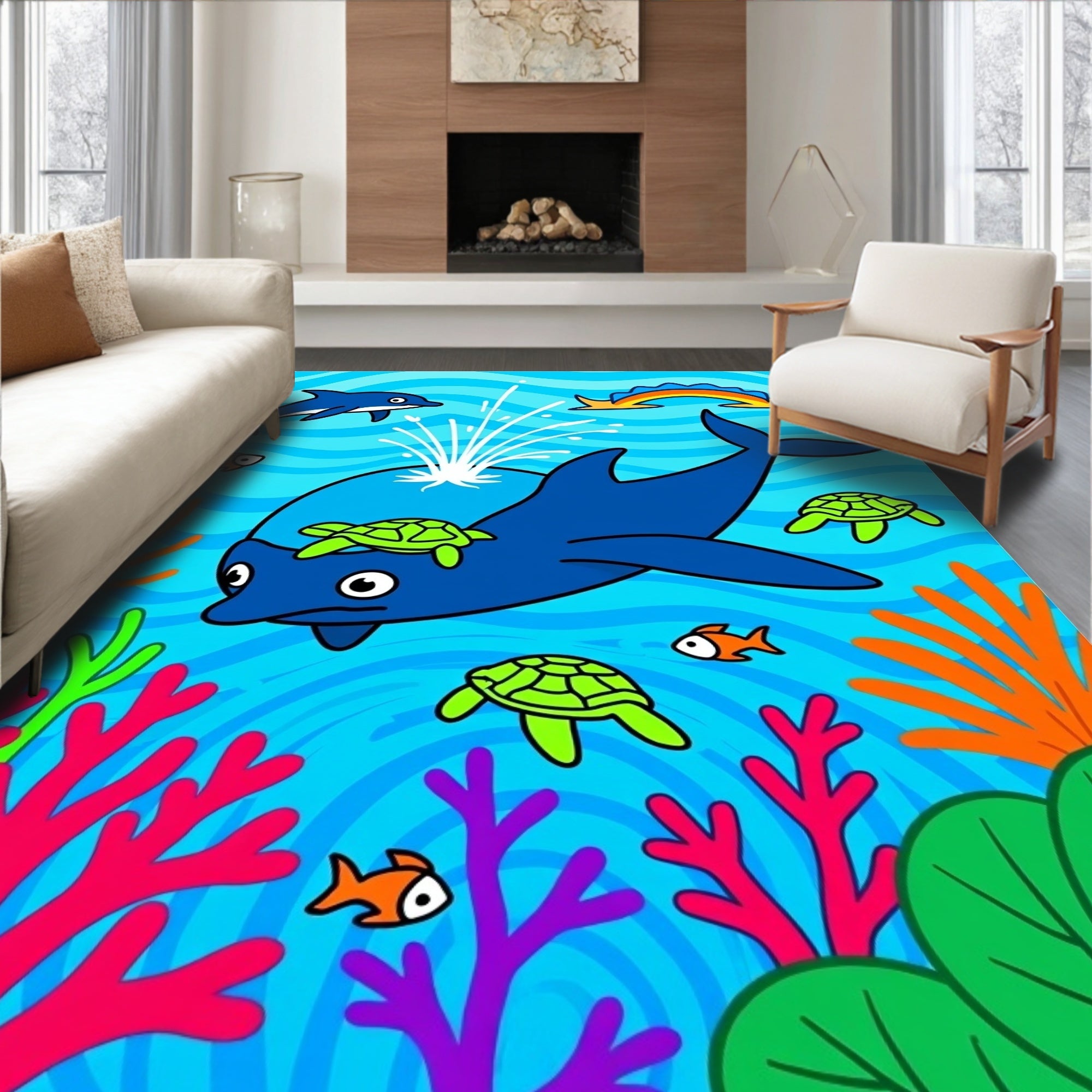 Playful Ocean Animals Coral Scene Rug