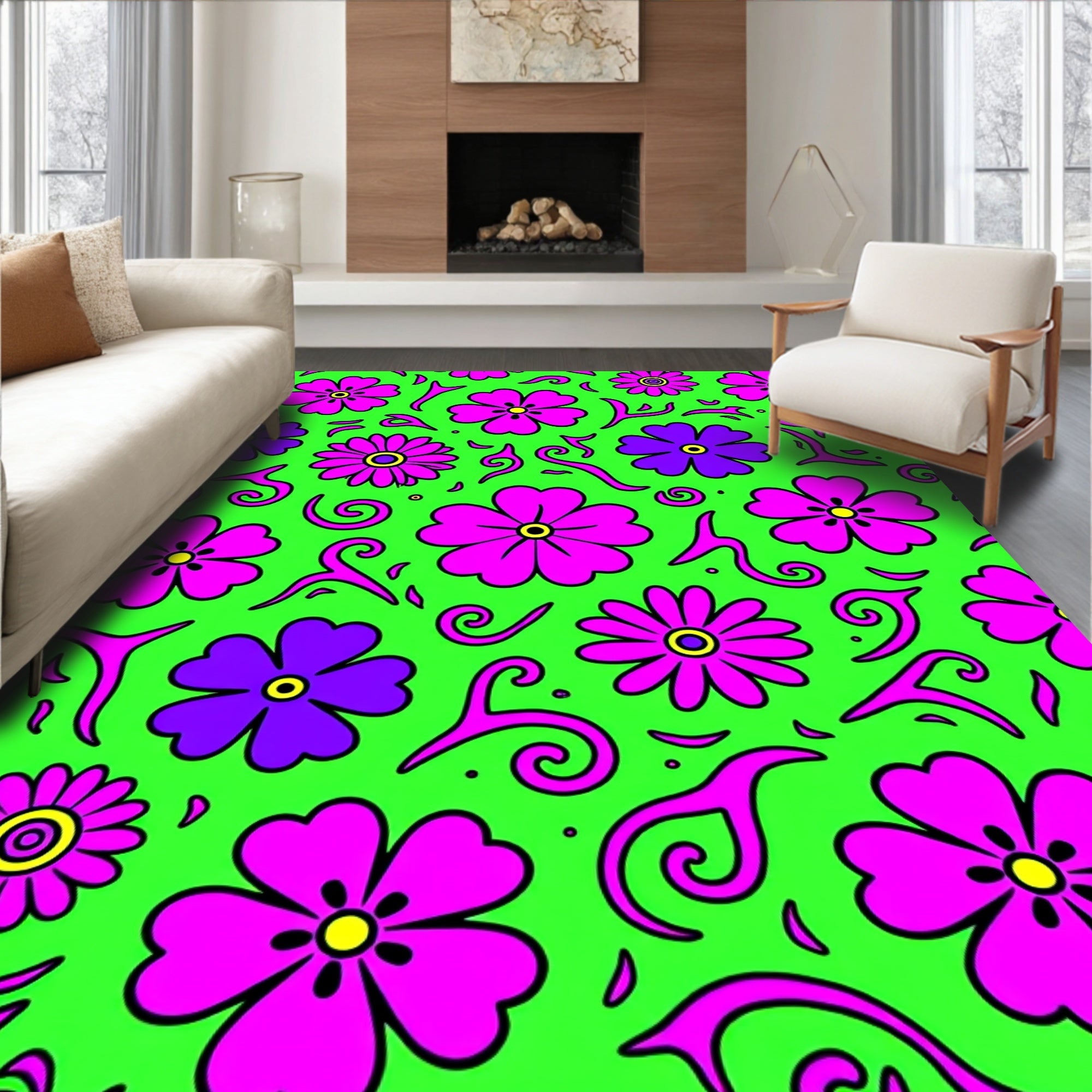 Retro Pink Purple Floral Swirl Rug