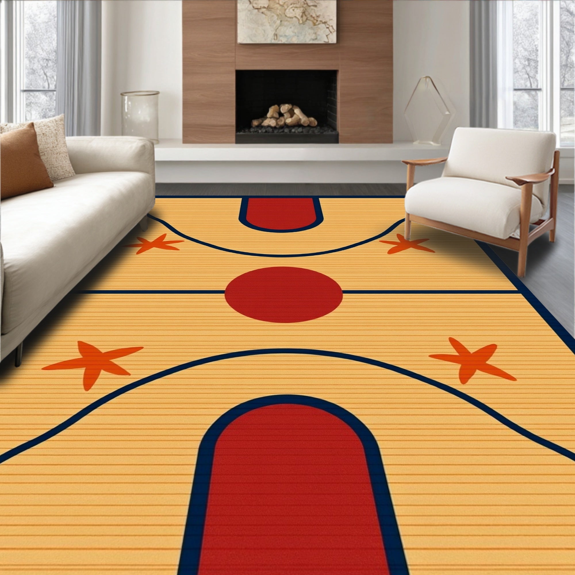Retro Orange Star Basketball Court Rug
