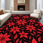 Crimson Floral Vines Black Rug