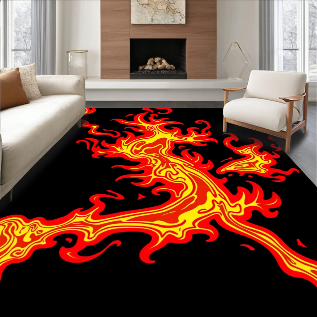 Crimson Yellow Swirling Flame Abstract Rug