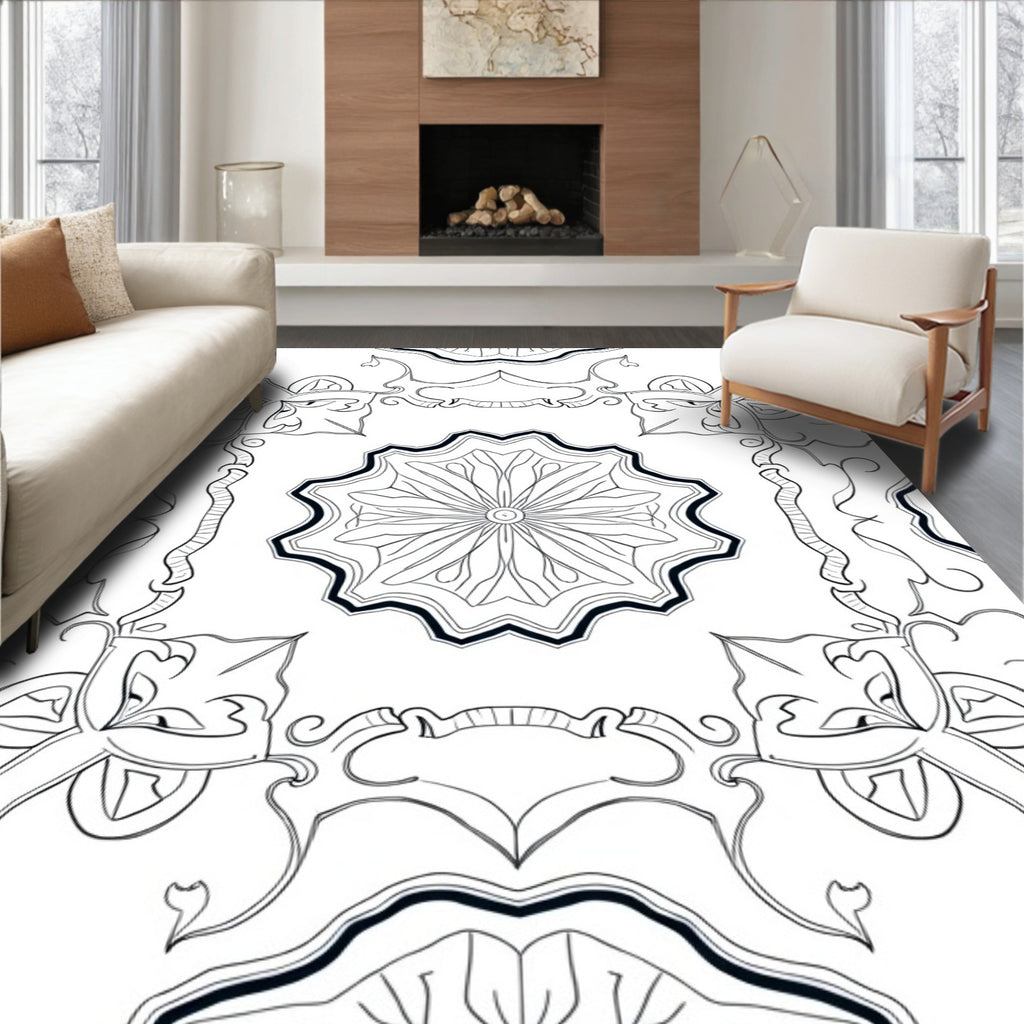 Ornate Floral Mandala Black White Art Rug