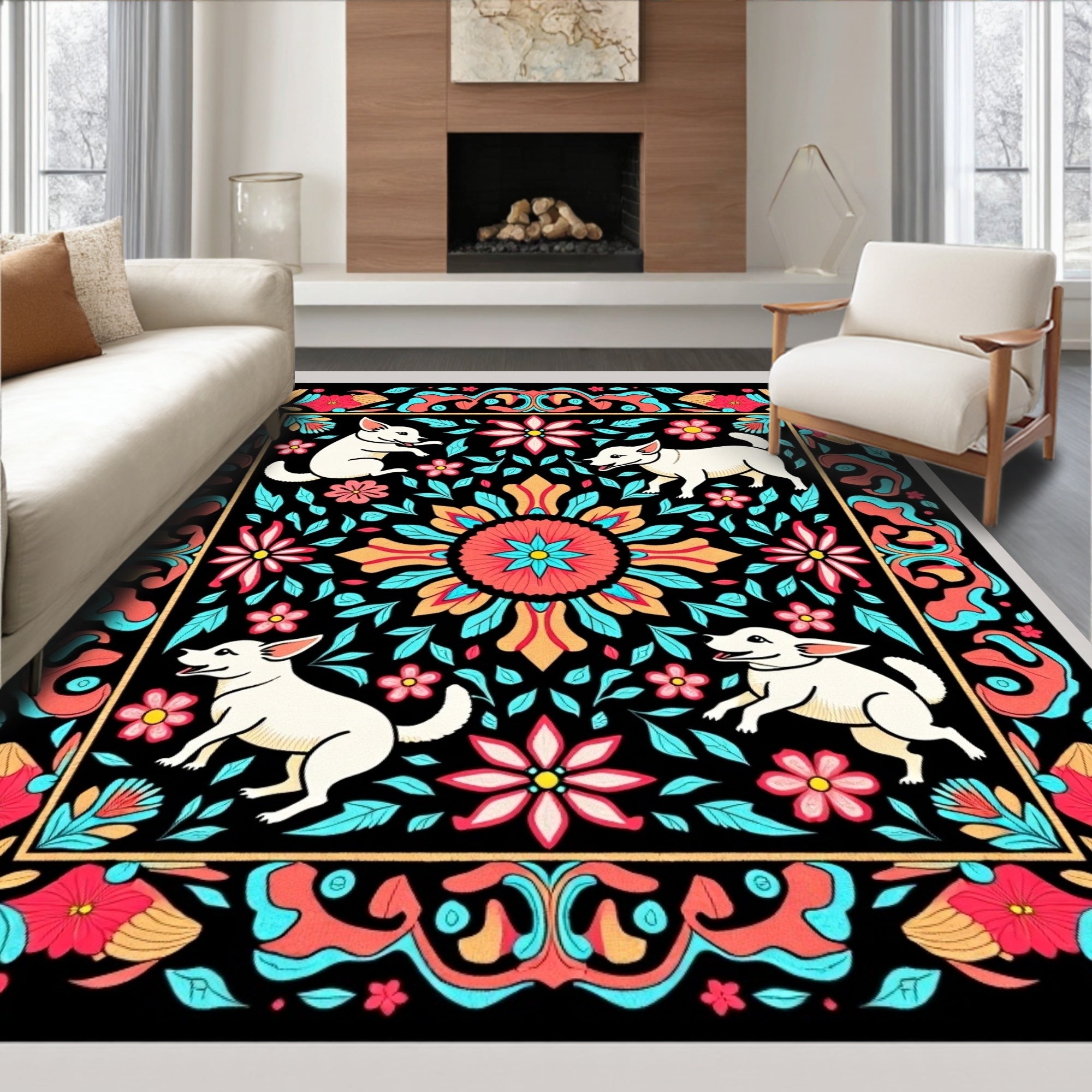 Vibrant Floral Dog Medallion Rug