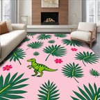 Green Dinosaurs and Tropical Leaves Rug