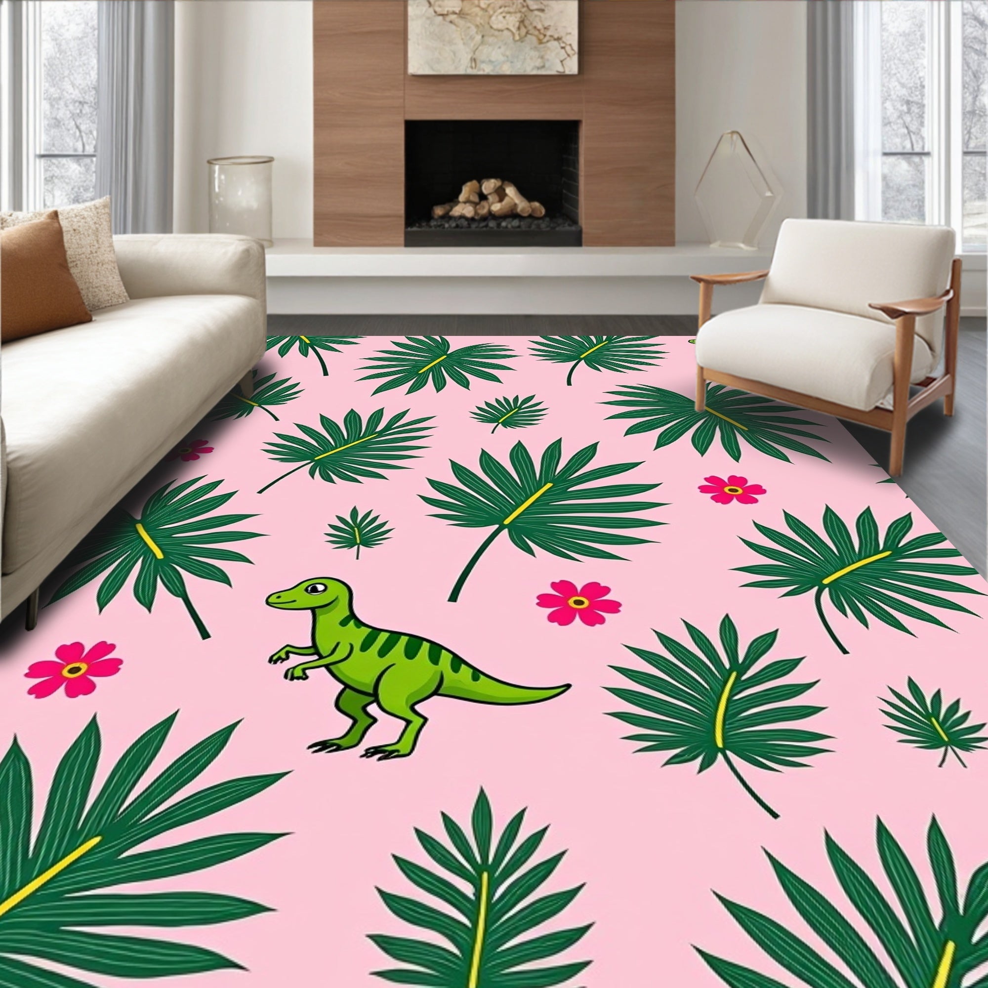 Green Dinosaurs and Tropical Leaves Rug