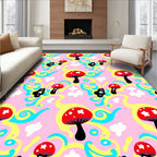 Whimsical Red Mushroom Swirl Pink Rug