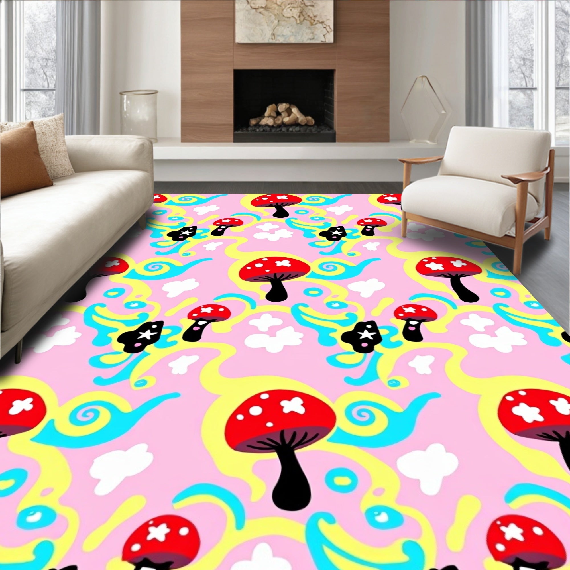 Whimsical Red Mushroom Swirl Pink Rug
