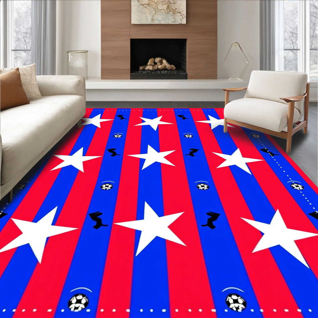 Red Blue Striped Star Soccer Icons Rug