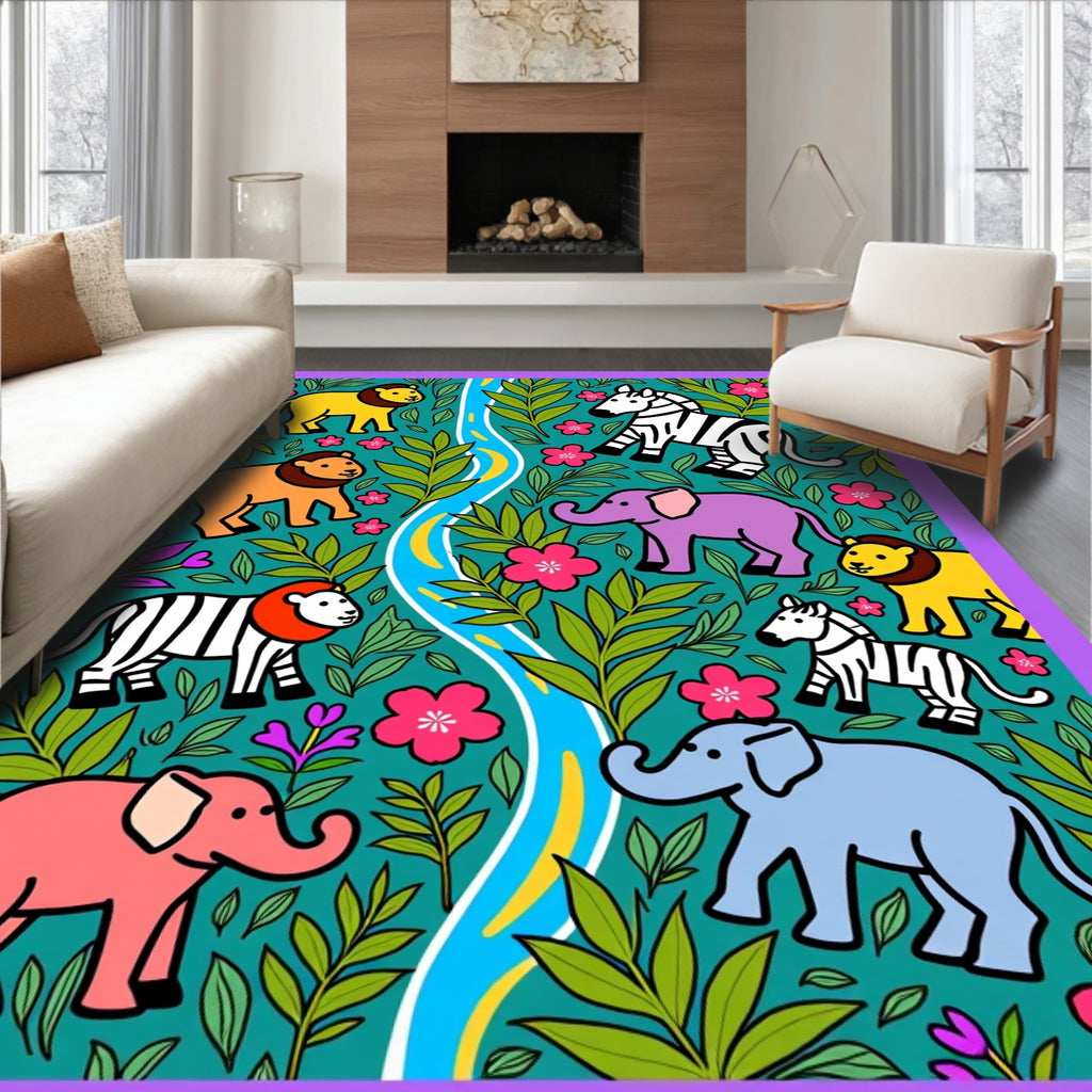 Jungle Animals Flora River Scene Rug
