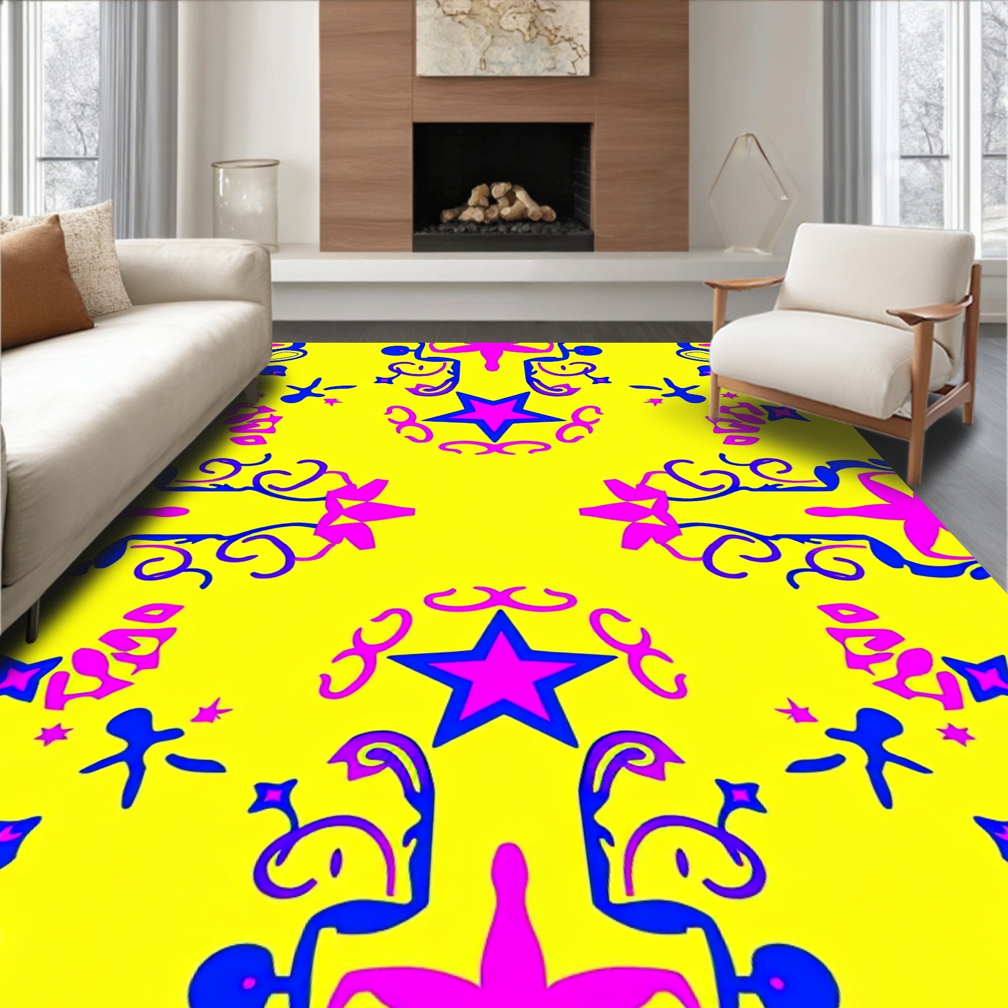 Vibrant Yellow Starburst Motif Rug