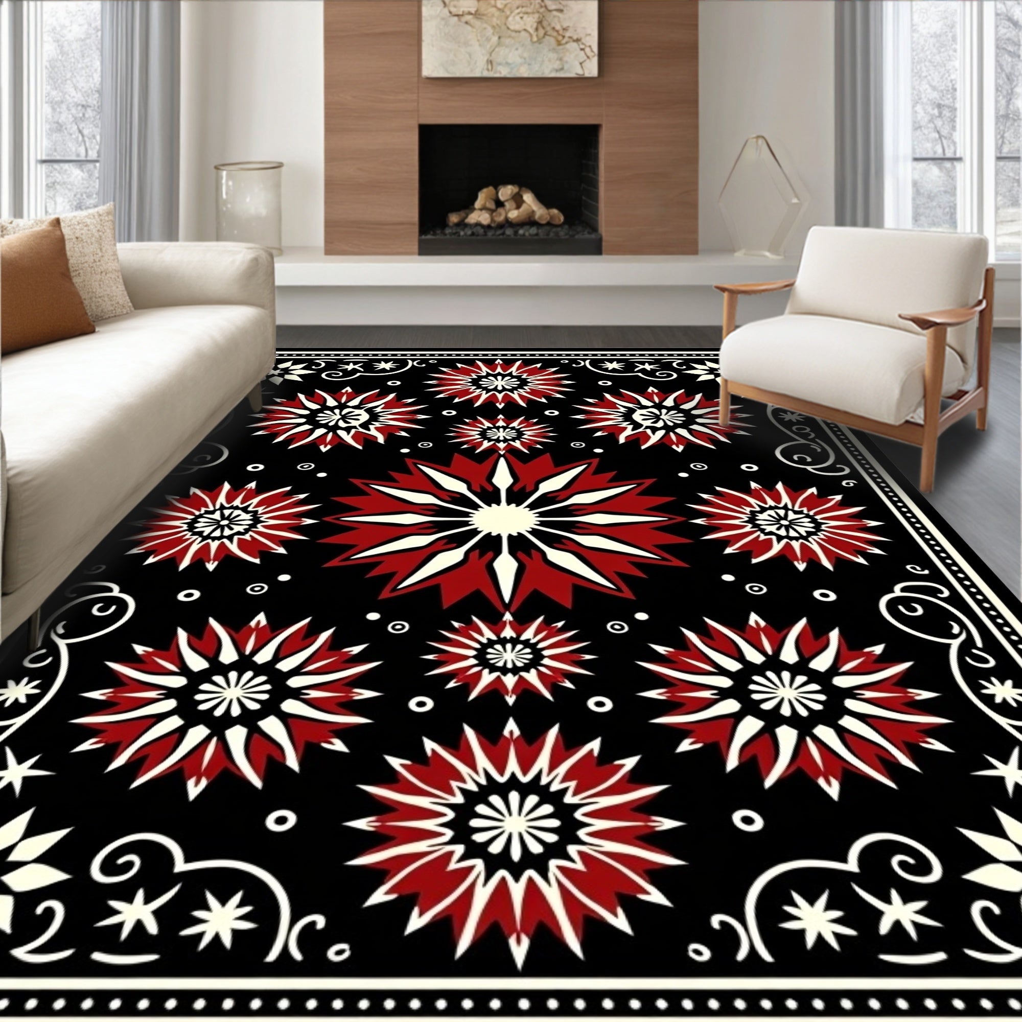 Crimson Starburst Medallion Black Rug