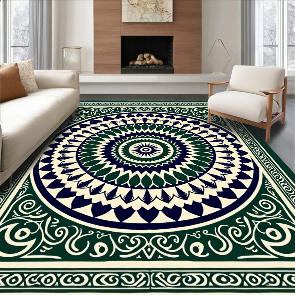 Deep Green Navy Concentric Mandala Rug