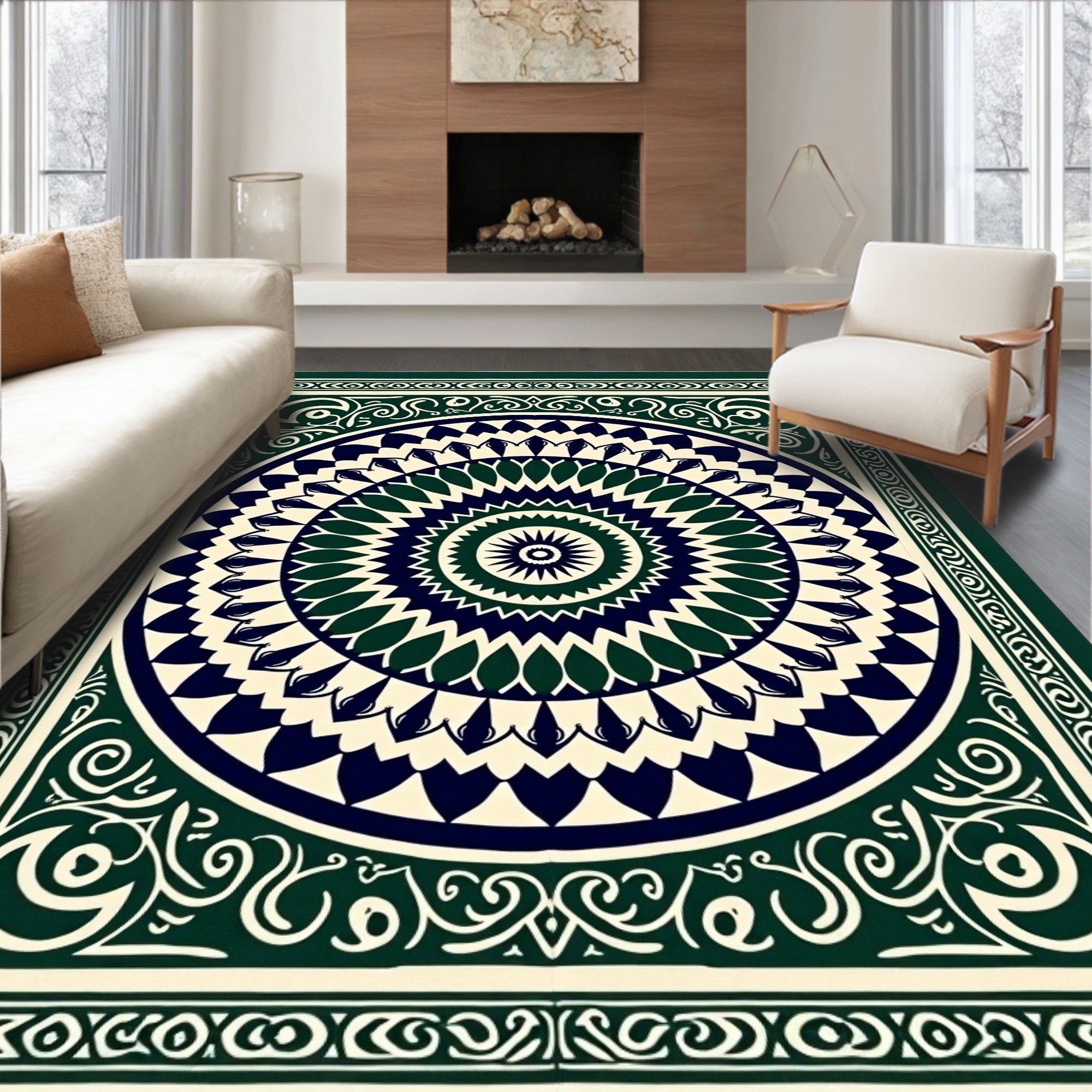 Deep Green Navy Concentric Mandala Rug