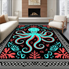 Aqua Coral Octopus Nautical Border Rug