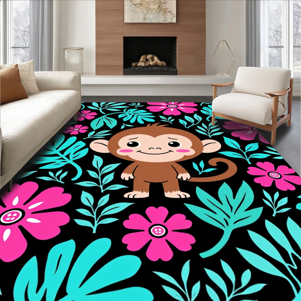 Cute Monkey Tropical Flower Arrangement Rug