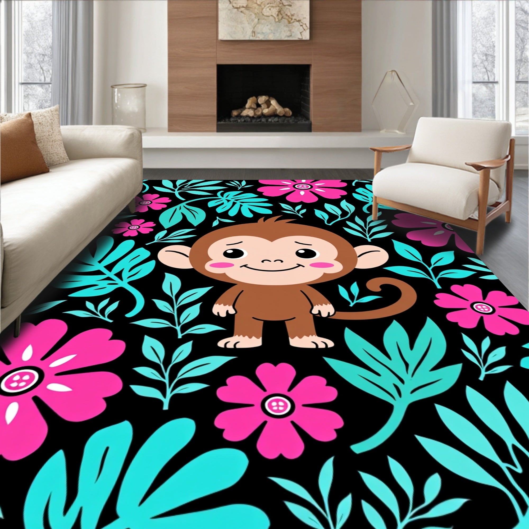 Cute Monkey Tropical Flower Arrangement Rug