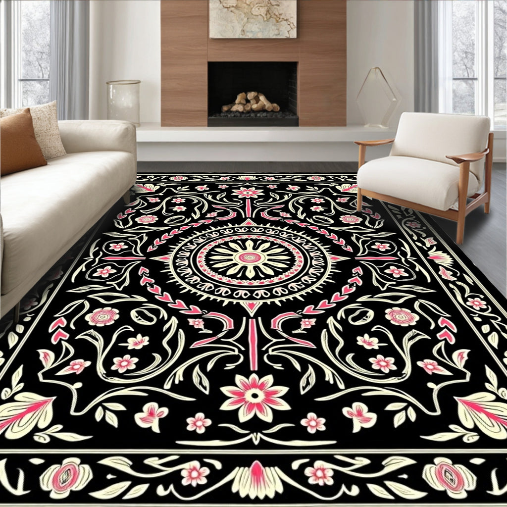 Black Floral Medallion Garden Art Rug