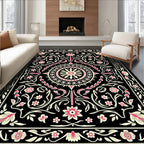 Black Floral Medallion Garden Art Rug