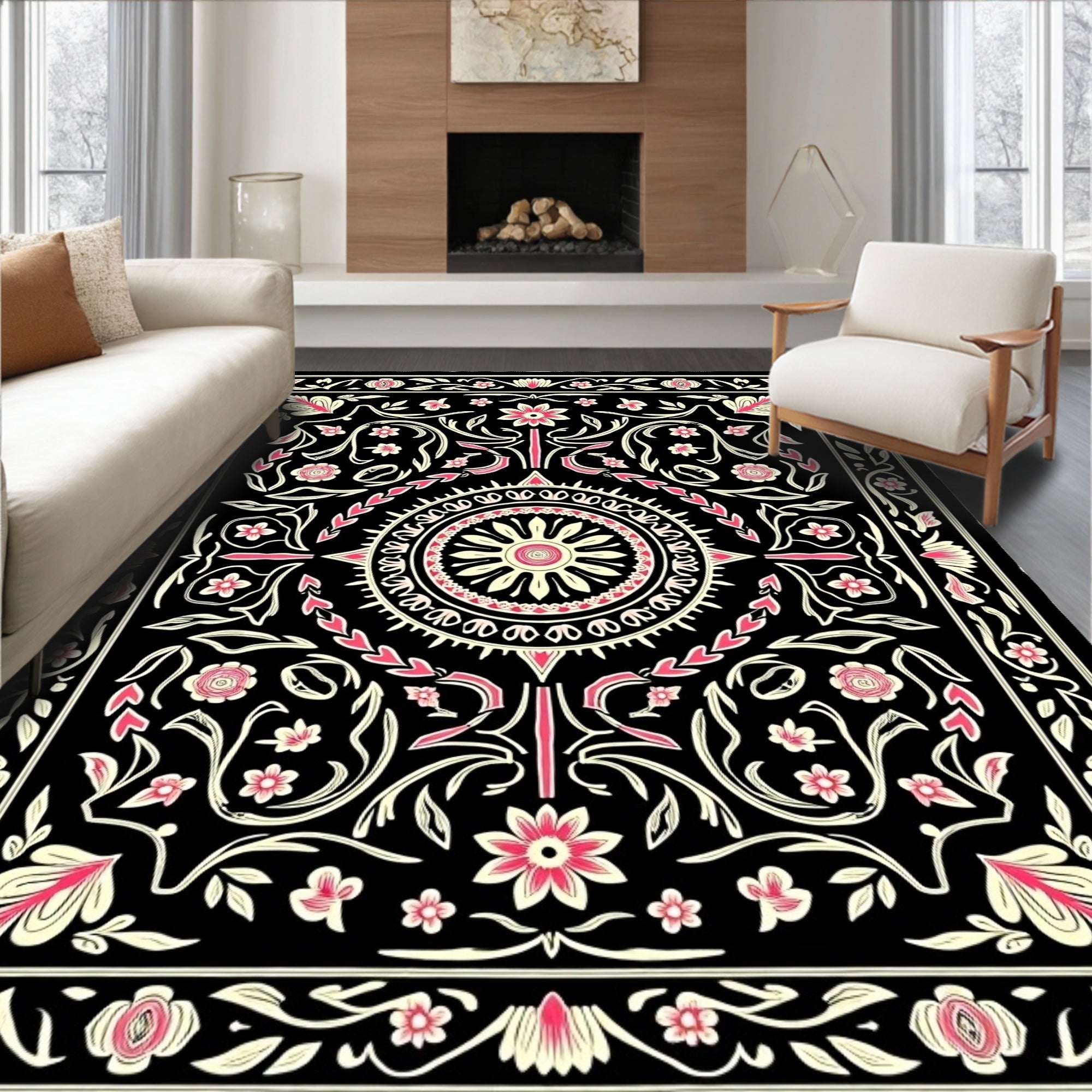 Black Floral Medallion Garden Art Rug