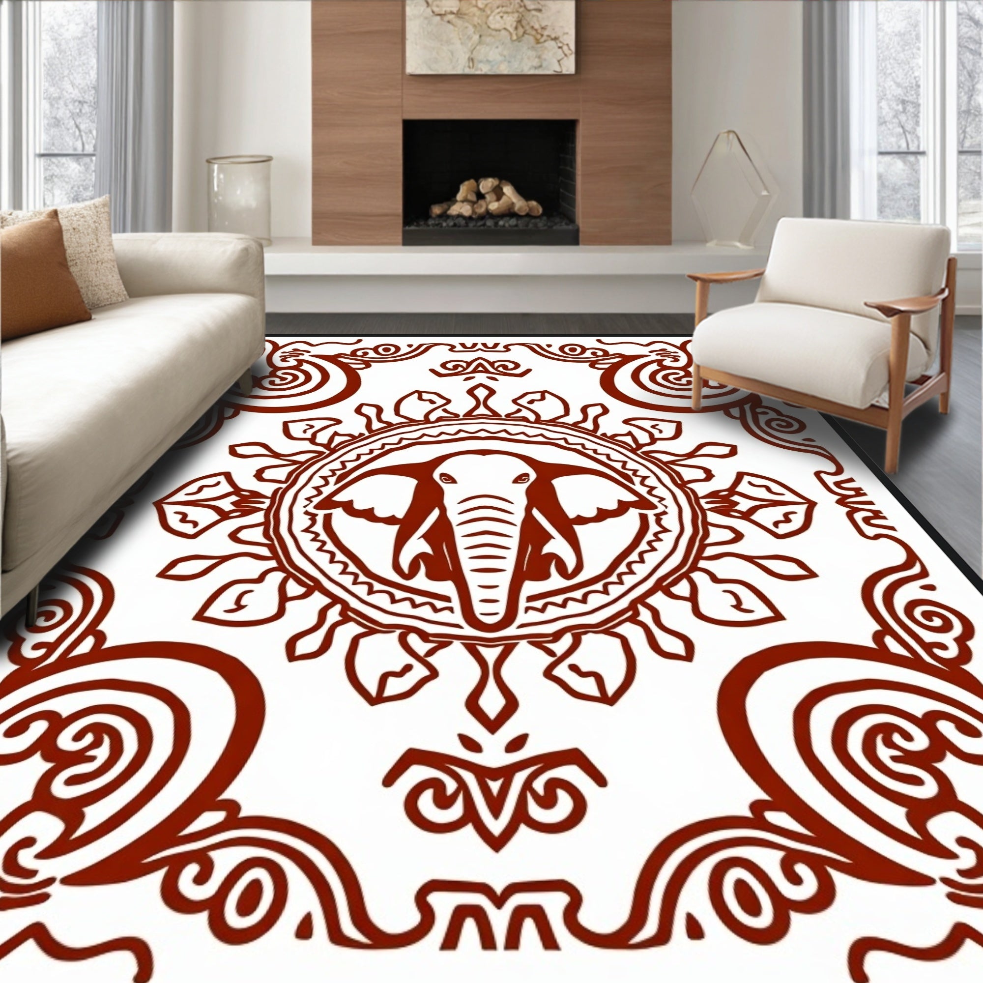 Crimson Elephant Medallion Mandala Rug