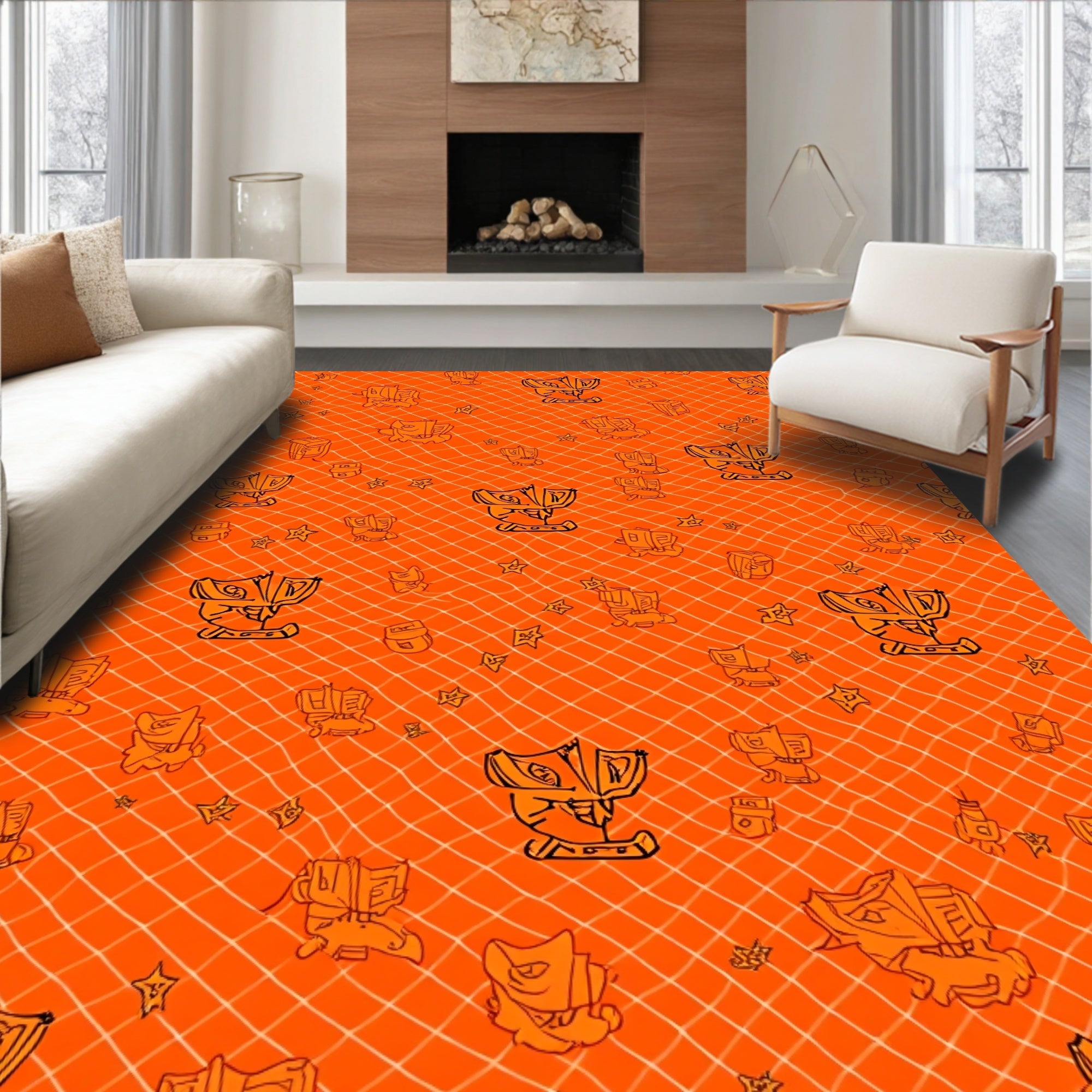 Orange Tribal Mask Net Rug