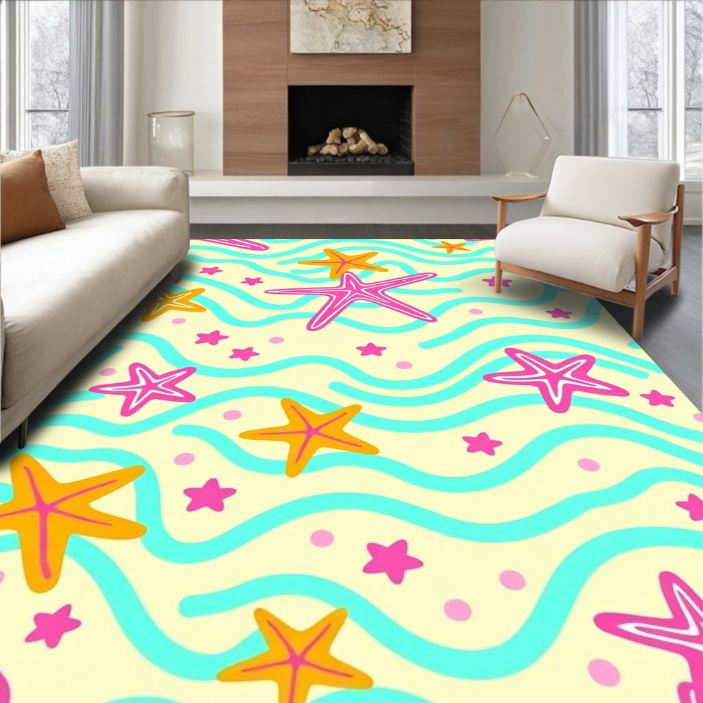 Bright Pink Orange Starfish Waves Rug