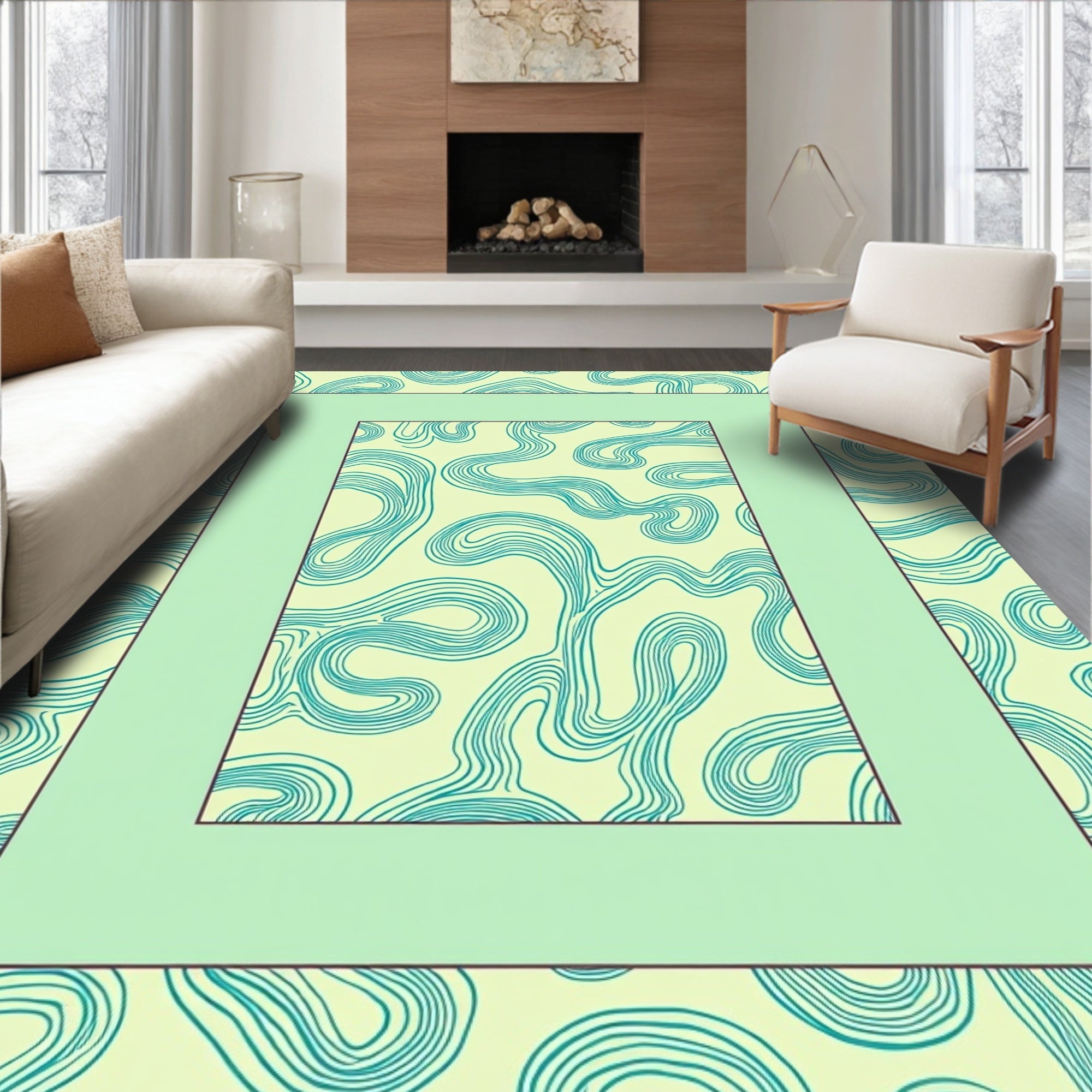 Light Yellow Teal Swirl Abstract Rug