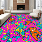 Whimsical Cartoon Creatures Pink Blue Yellow Rug