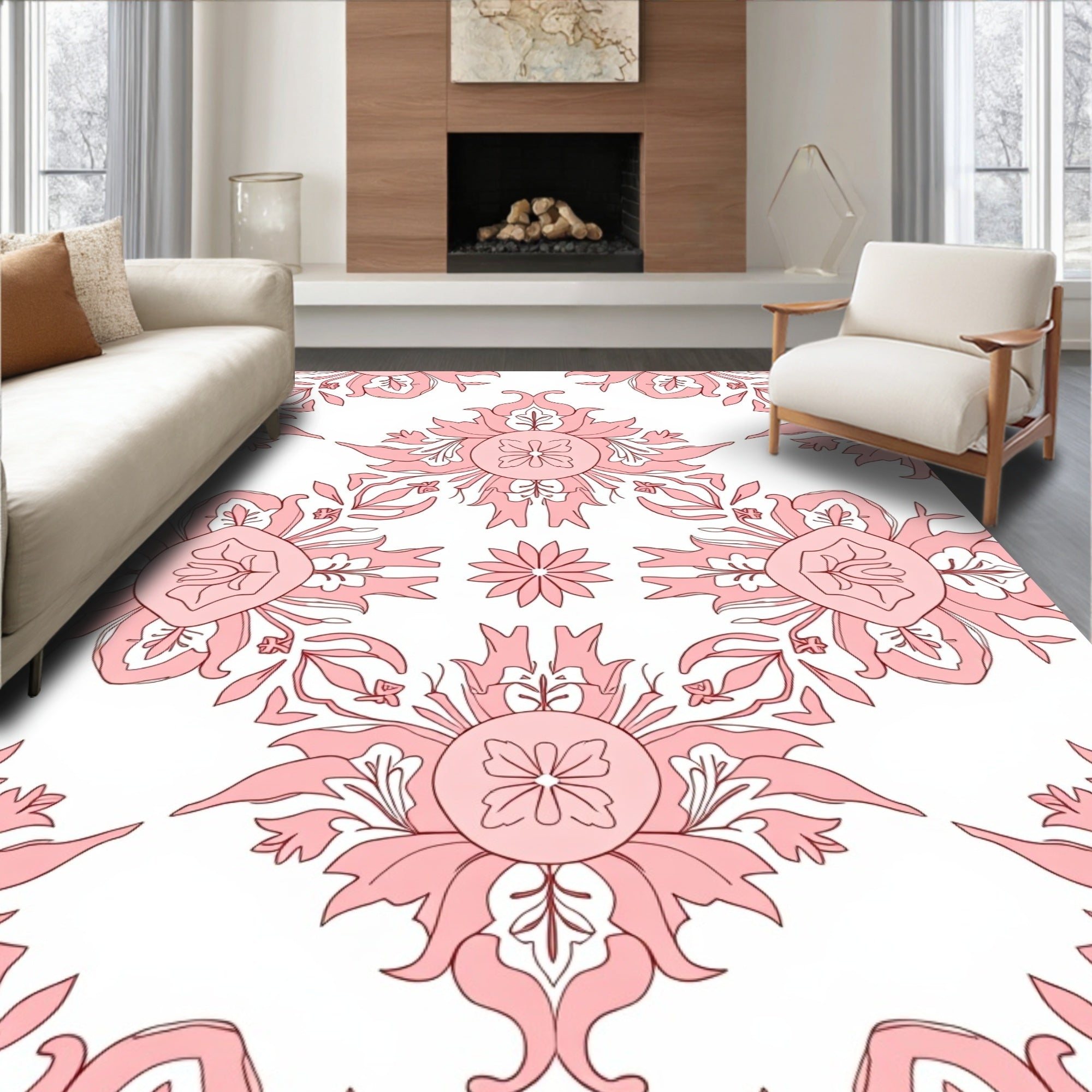 Soft Pink Floral Medallion Arrangement Rug