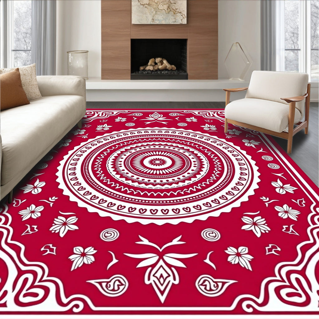 Crimson Floral Mandala Radial Rug