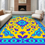 Vibrant Yellow Cyan Purple Medallion Border Rug
