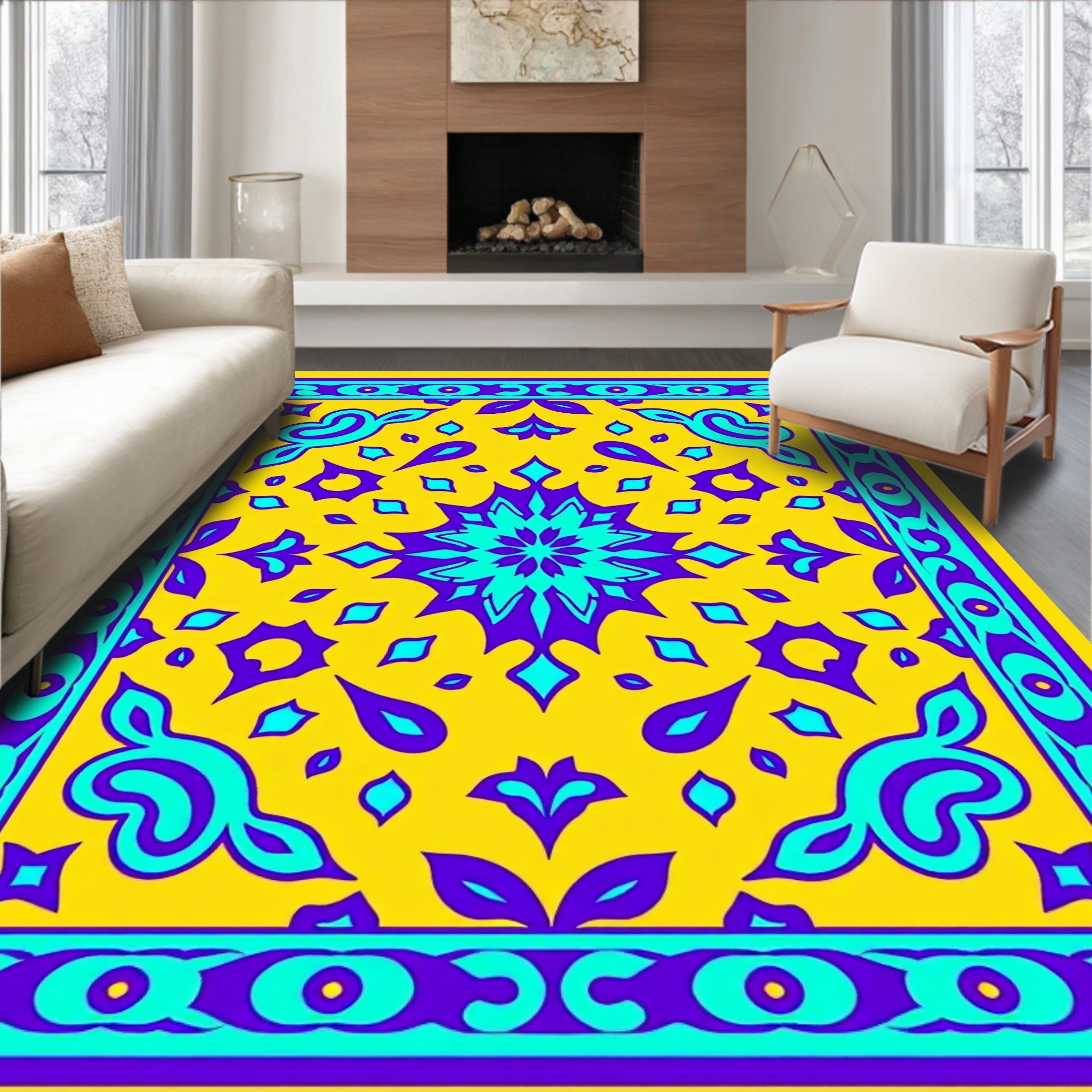 Vibrant Yellow Cyan Purple Medallion Border Rug