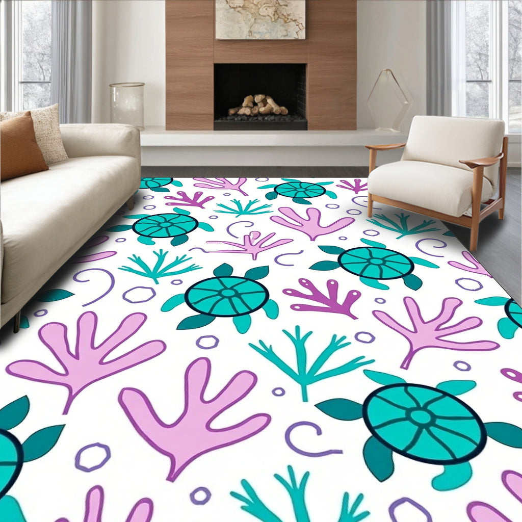 Whimsical Teal Turtle Coral Garden Rug