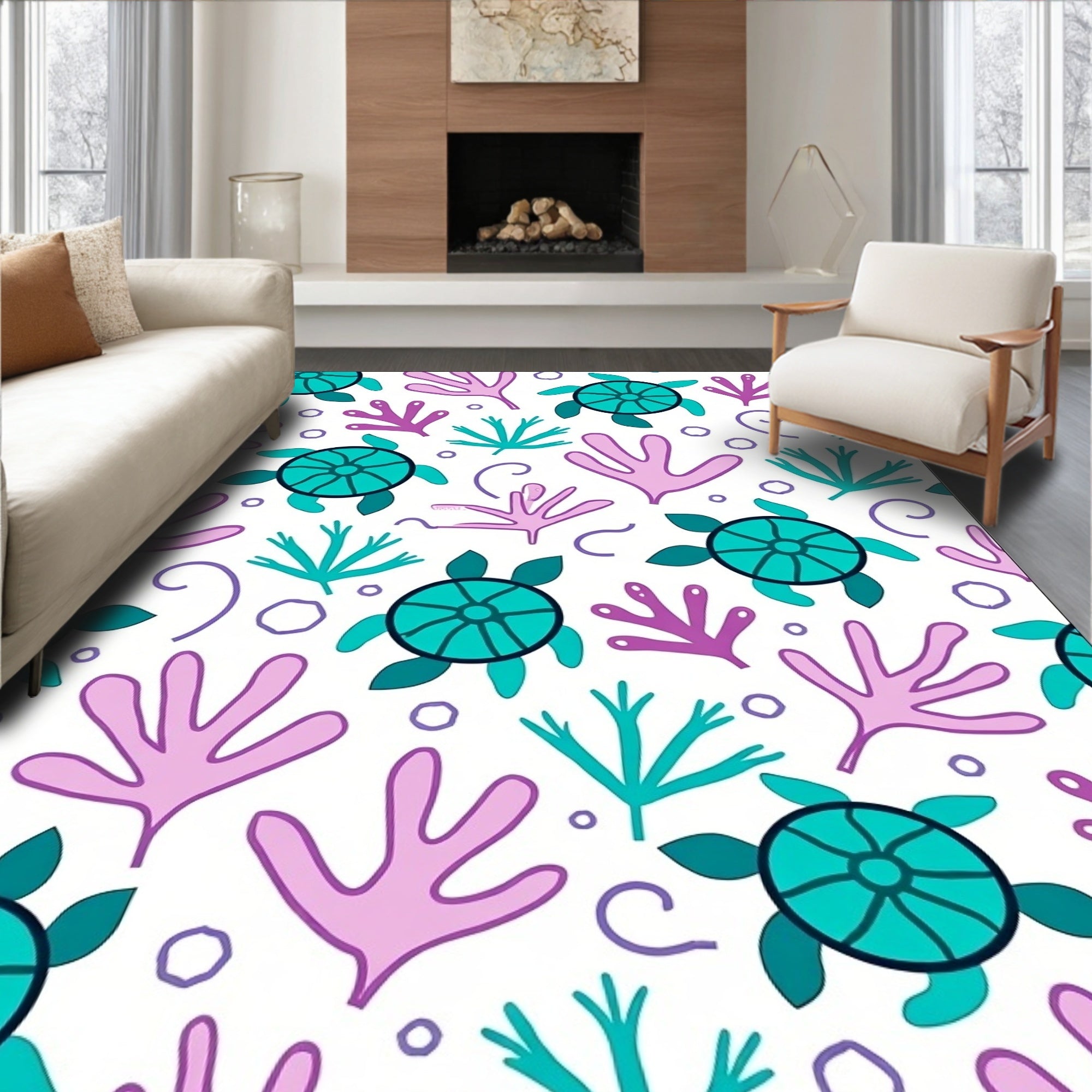 Whimsical Teal Turtle Coral Garden Rug