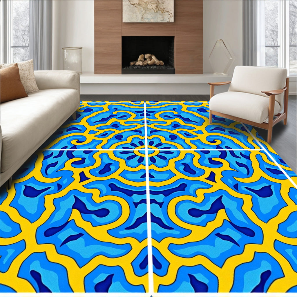 Vibrant Blue and Yellow Organic Swirl Rug