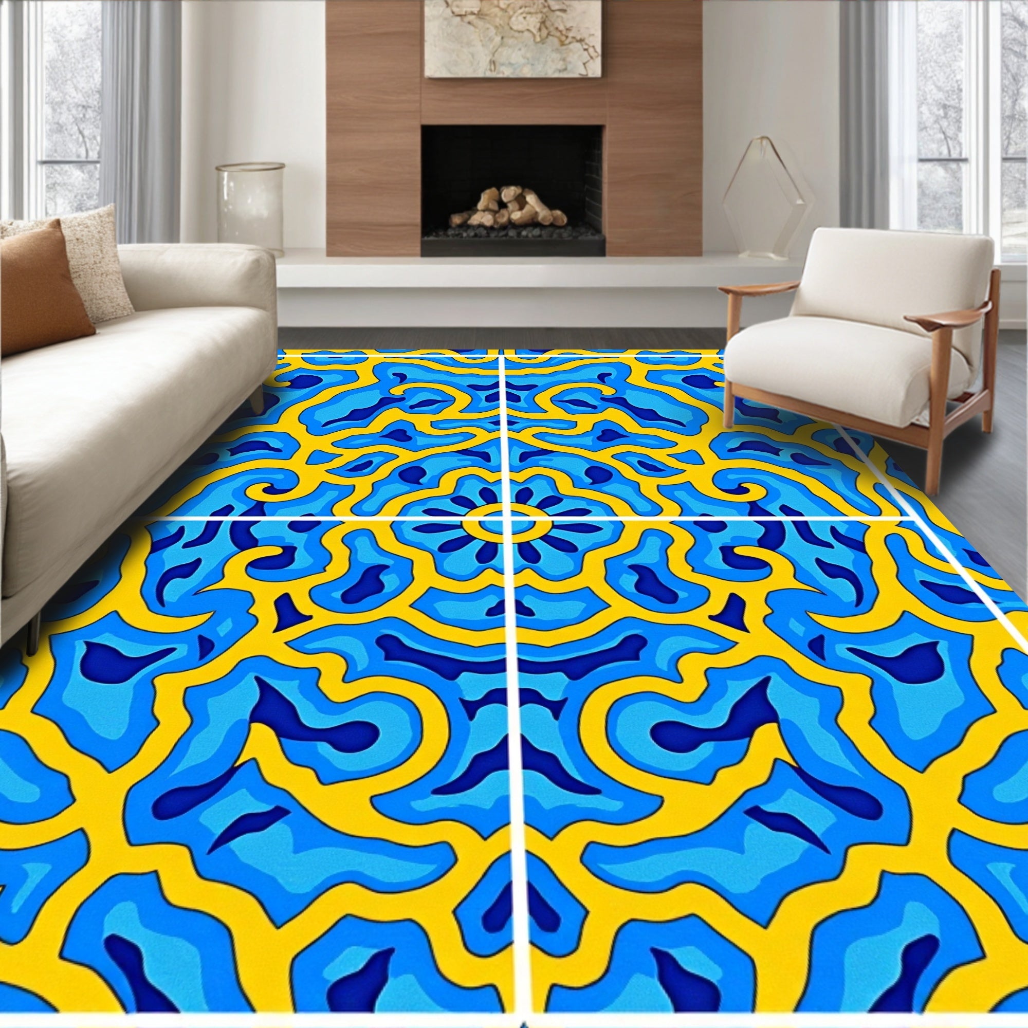 Vibrant Blue and Yellow Organic Swirl Rug
