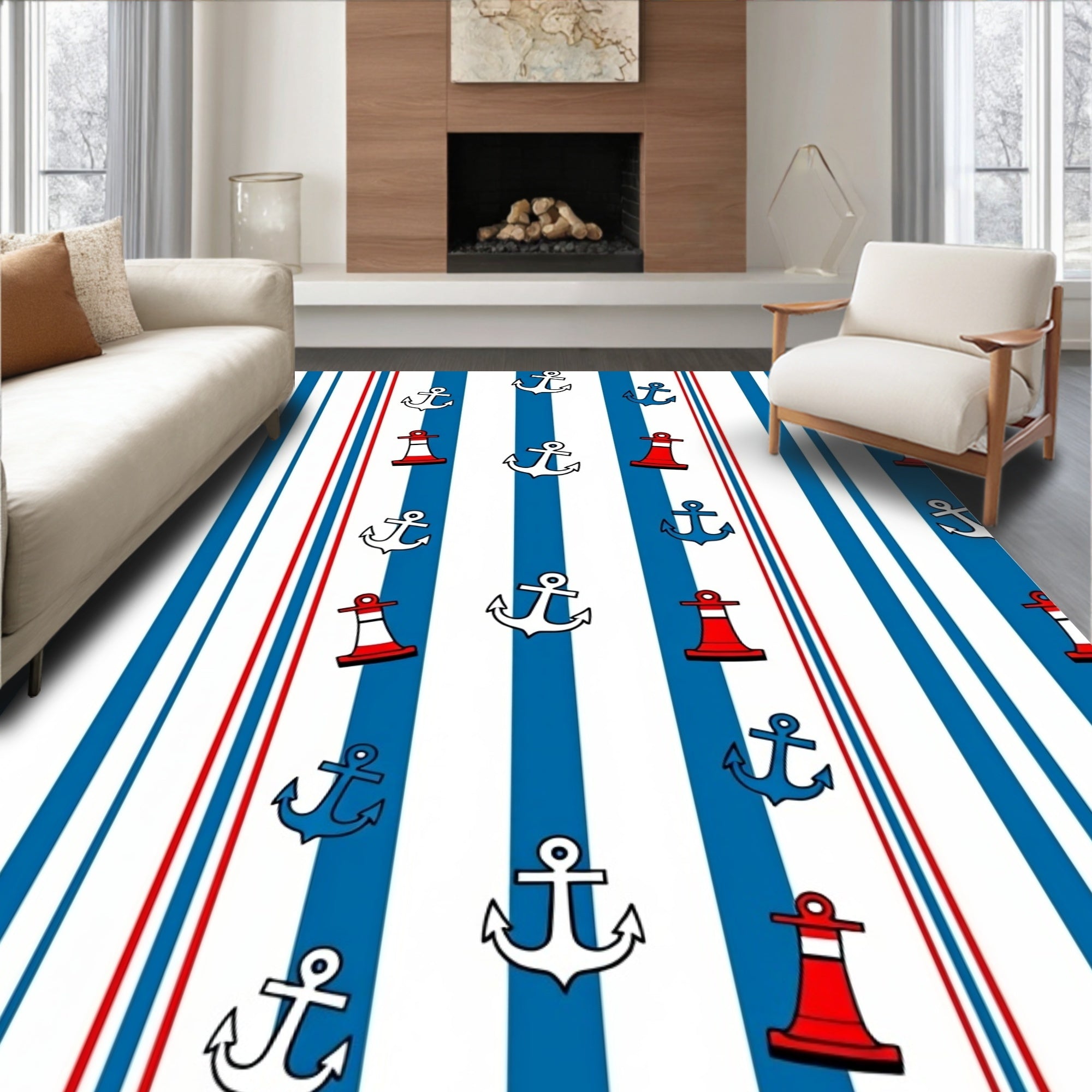 Nautical Red White Blue Anchor Lighthouse Stripes Rug
