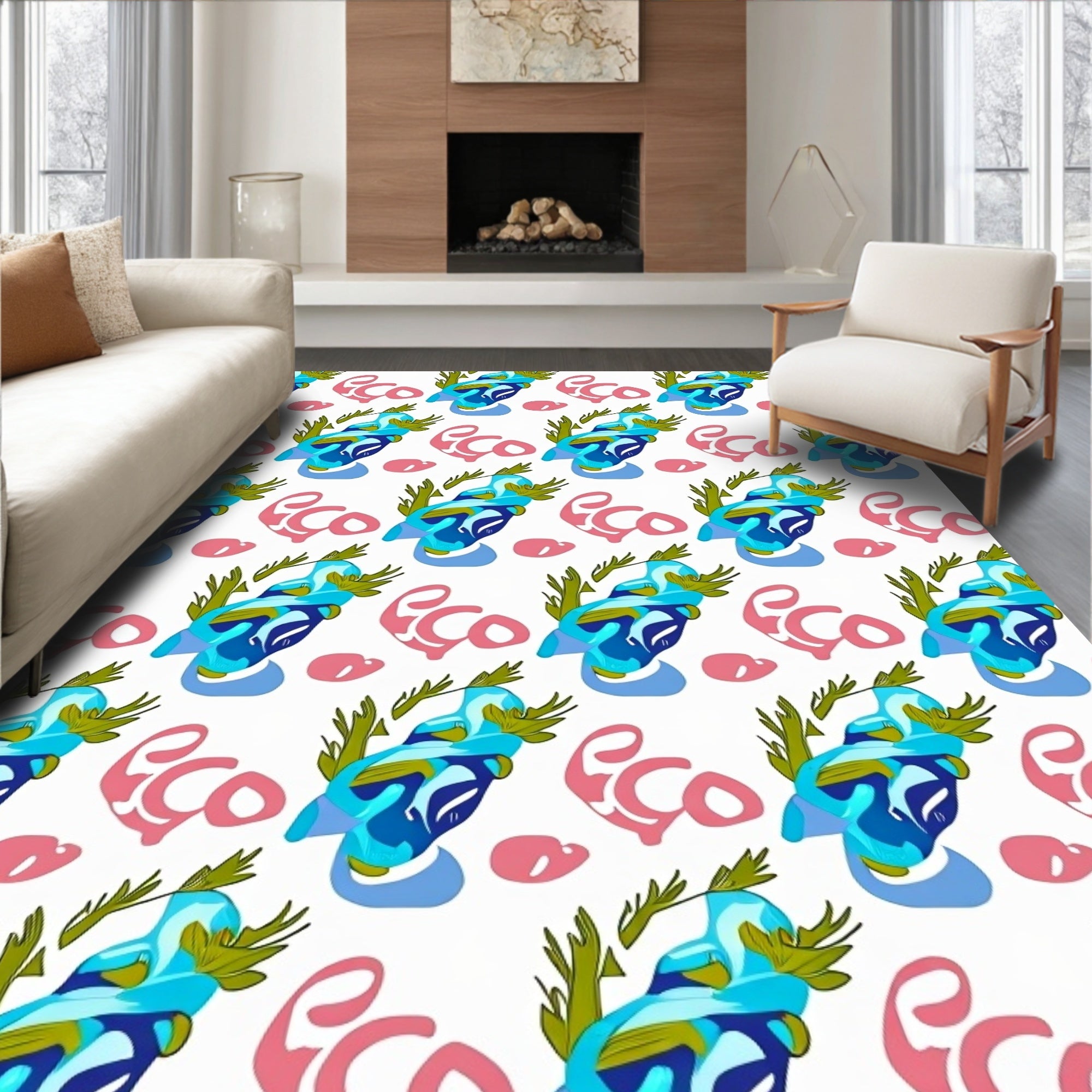 Abstract Blue Pink Leafy Arrangement Rug