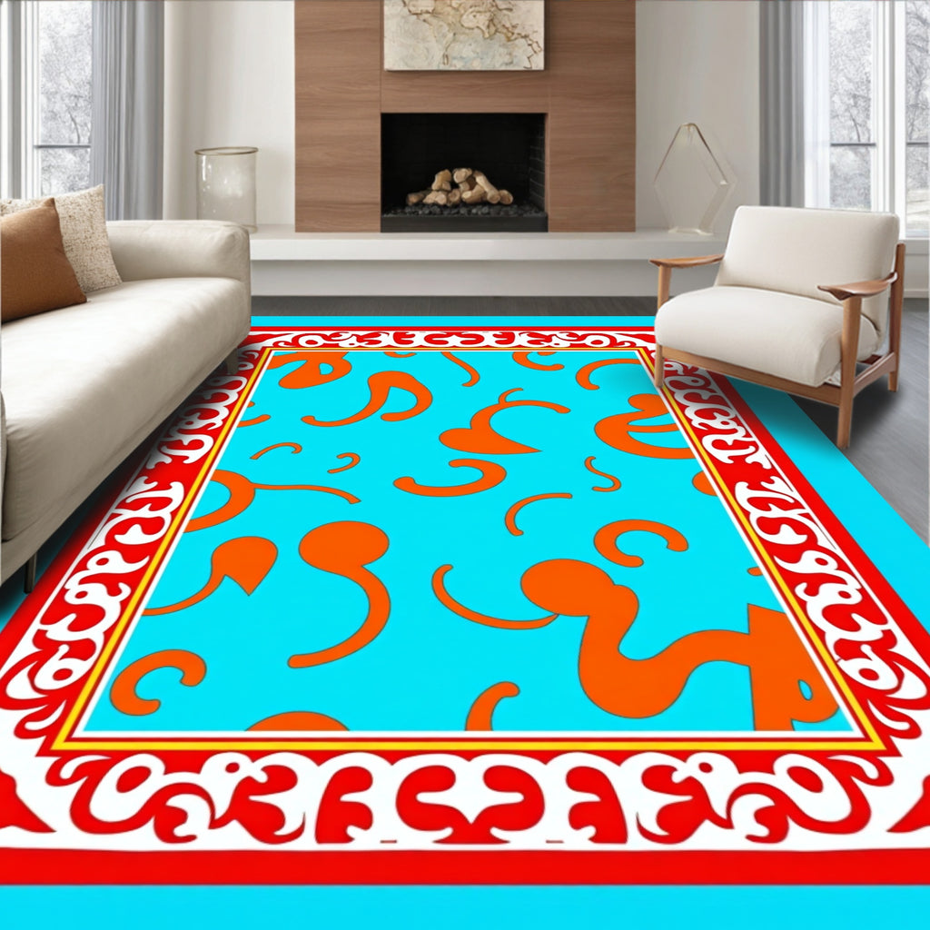 Bright Orange Swirls Teal Border Rug