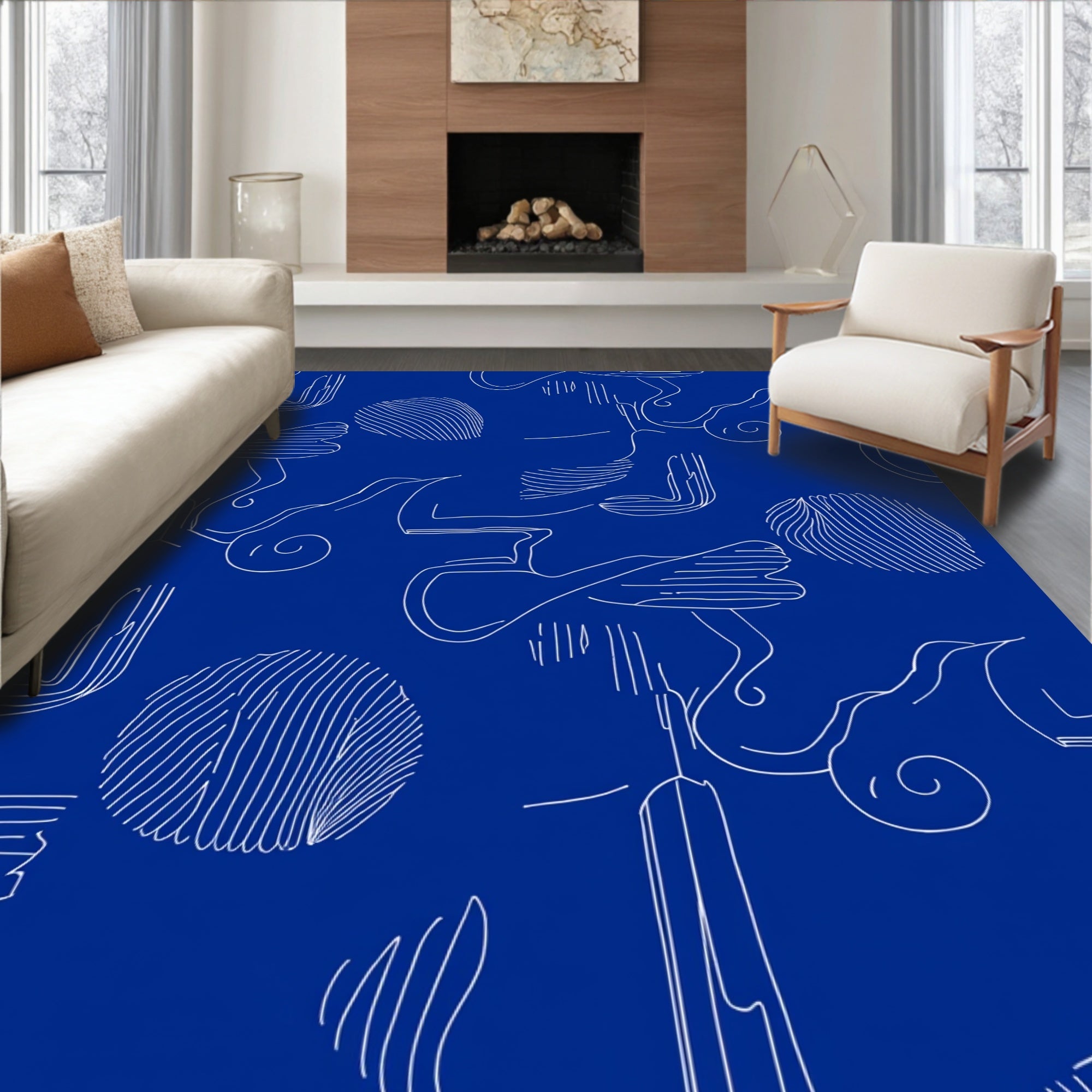 Abstract Blue White Line Art Swirl Rug